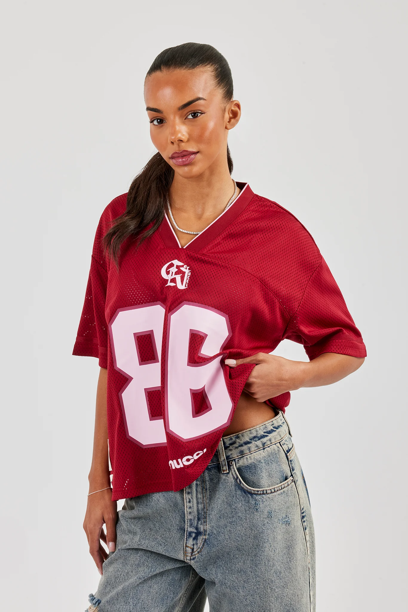 Mesh Woven Tab Football Top - Berry - Image 4