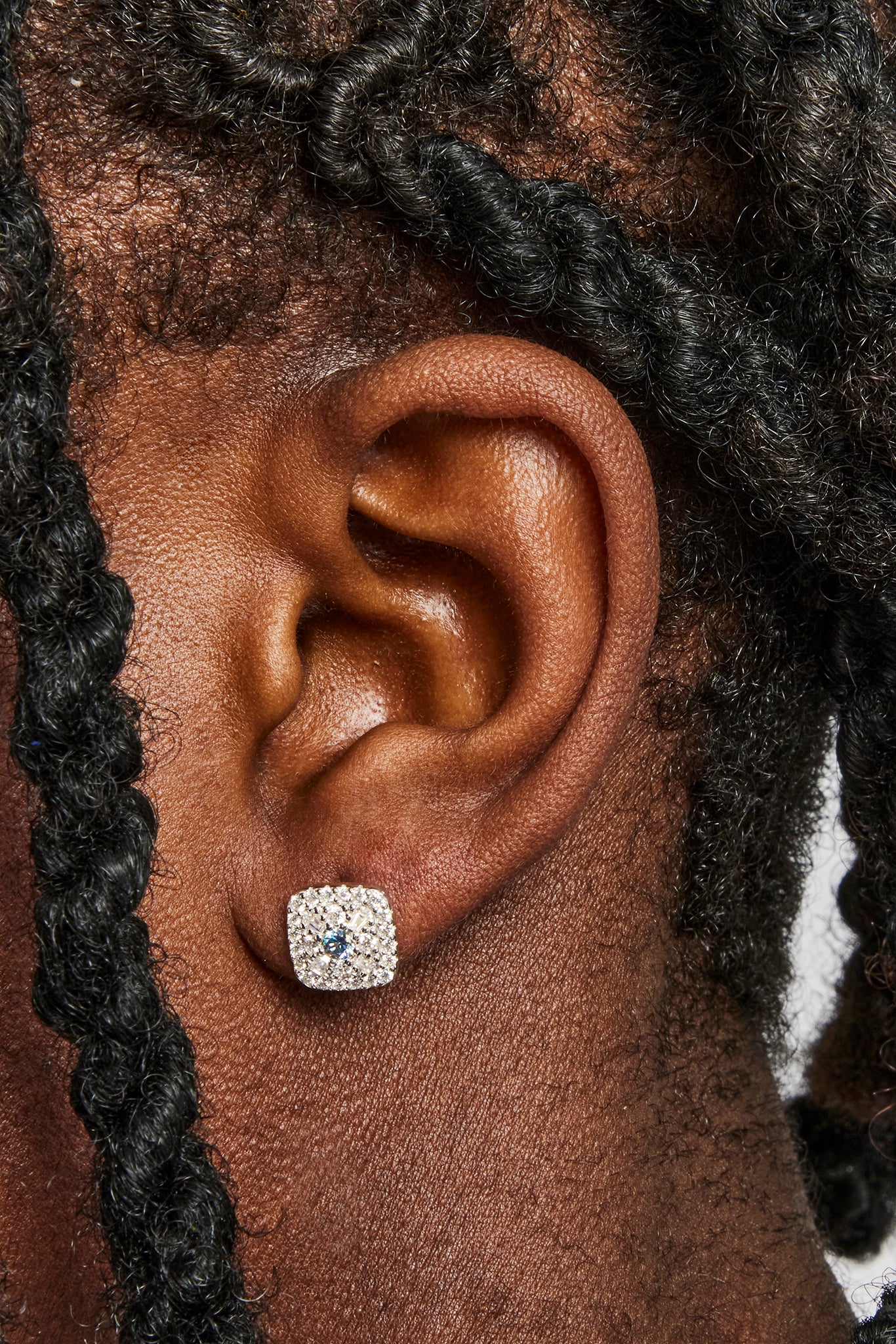 Moissanite Blue Baguette Centre Square Stud Earrings - 10mm - Image 2