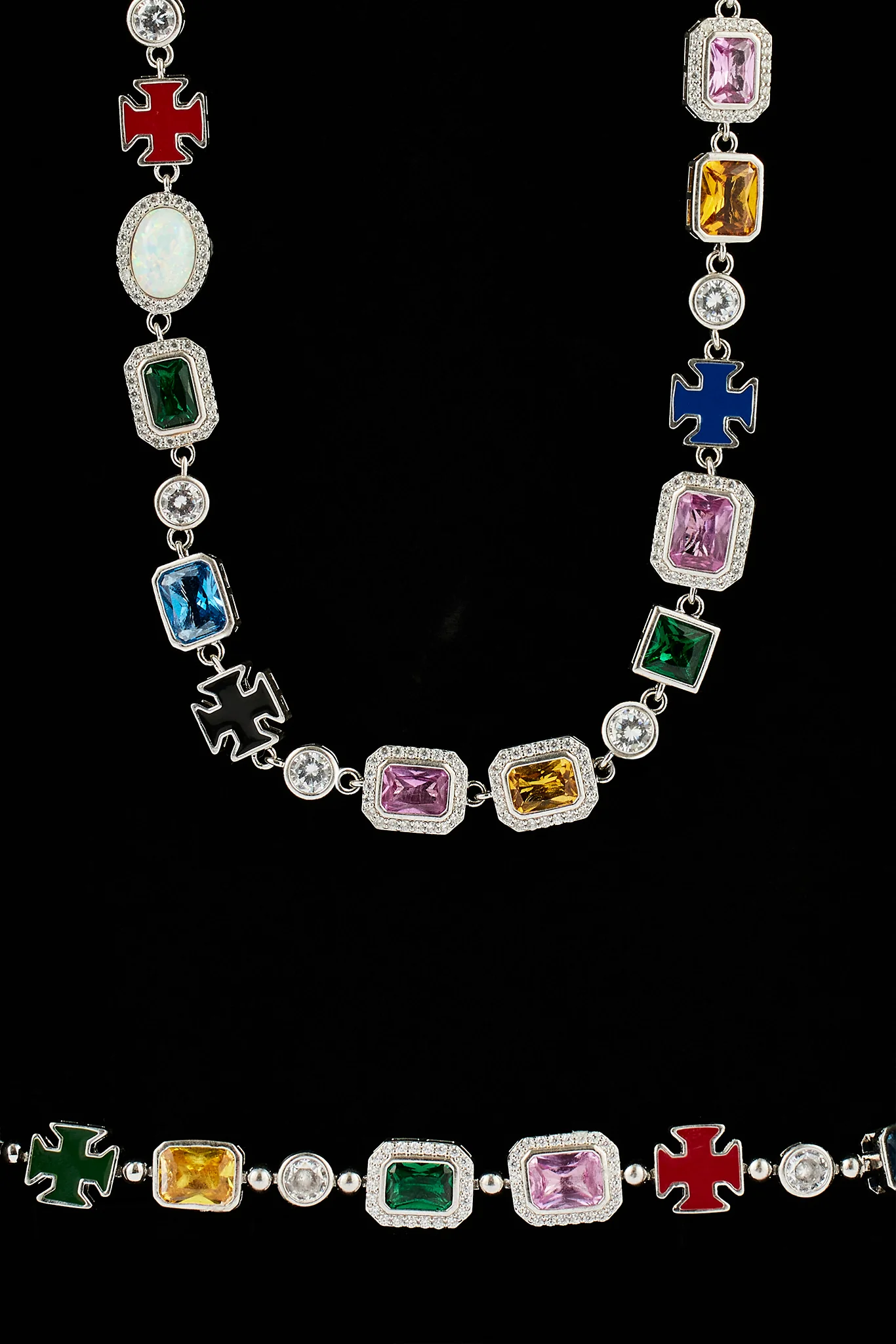 Multi Gemstone Motif Necklace & Bracelet - White - 10mm - Image 2