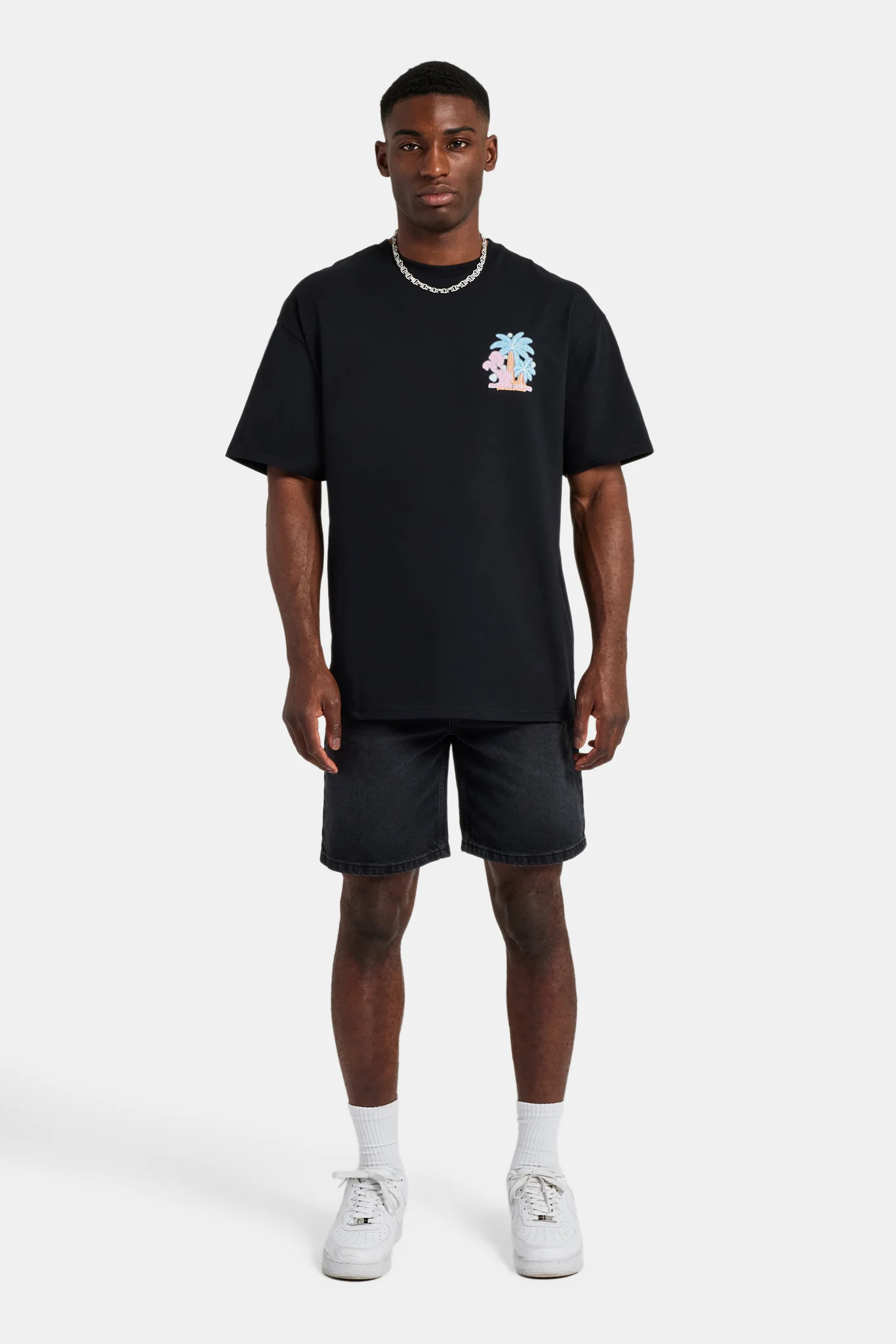 Neon Palm Chest Print Oversized T-Shirt - Black - Image 2