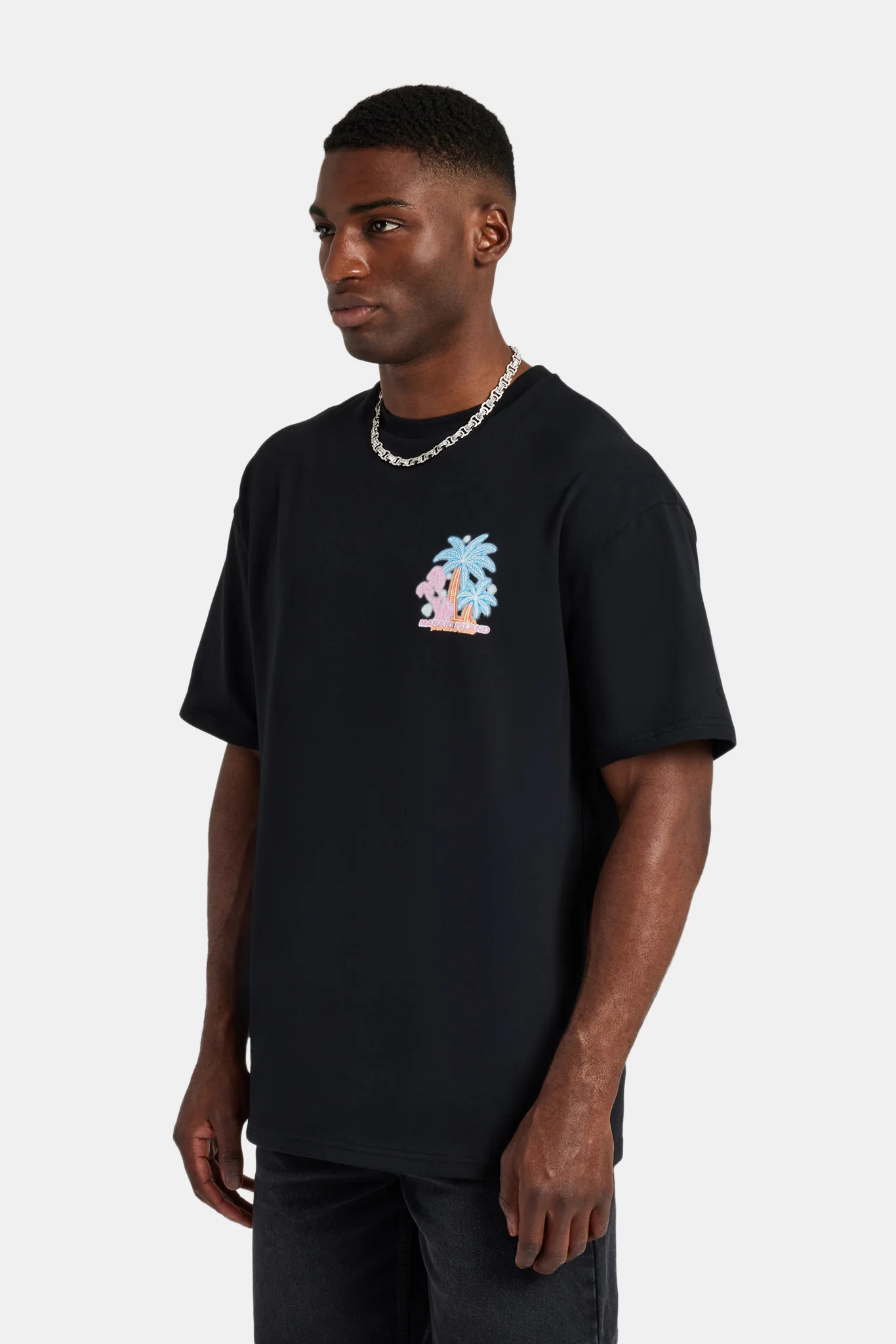 Neon Palm Chest Print Oversized T-Shirt - Black - Image 5