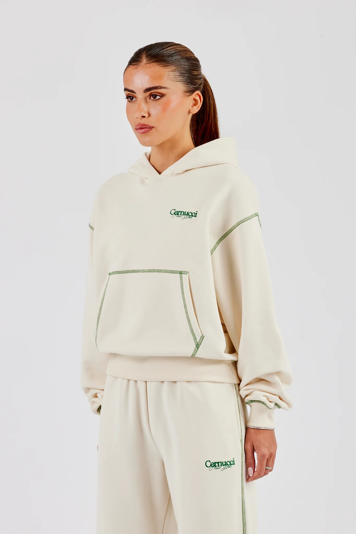 New York Contrast Stitch Boxy Hoodie - Off White - Image 4
