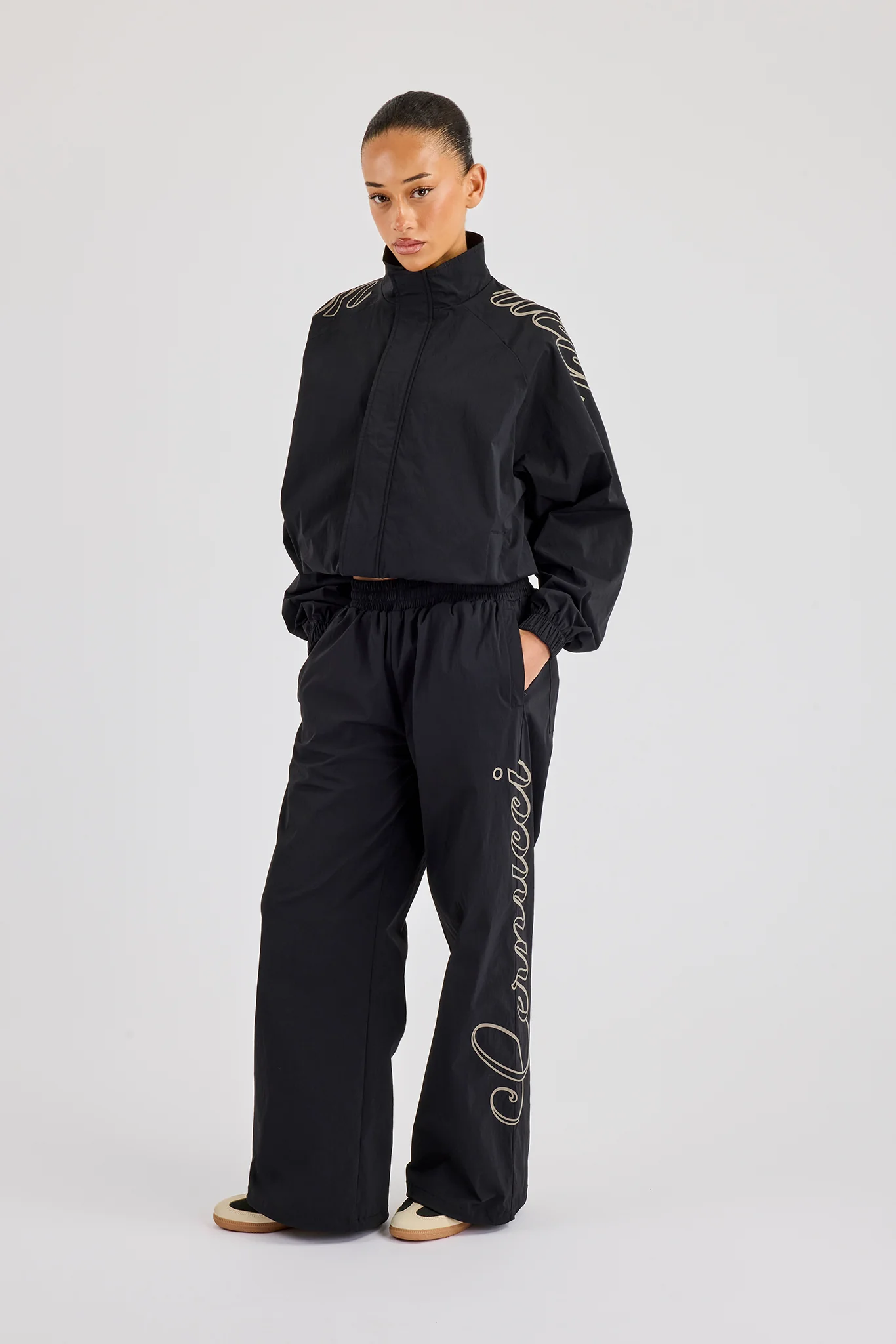 Nylon Branded Track Jacket & Baggy Jogger - Black - Image 5