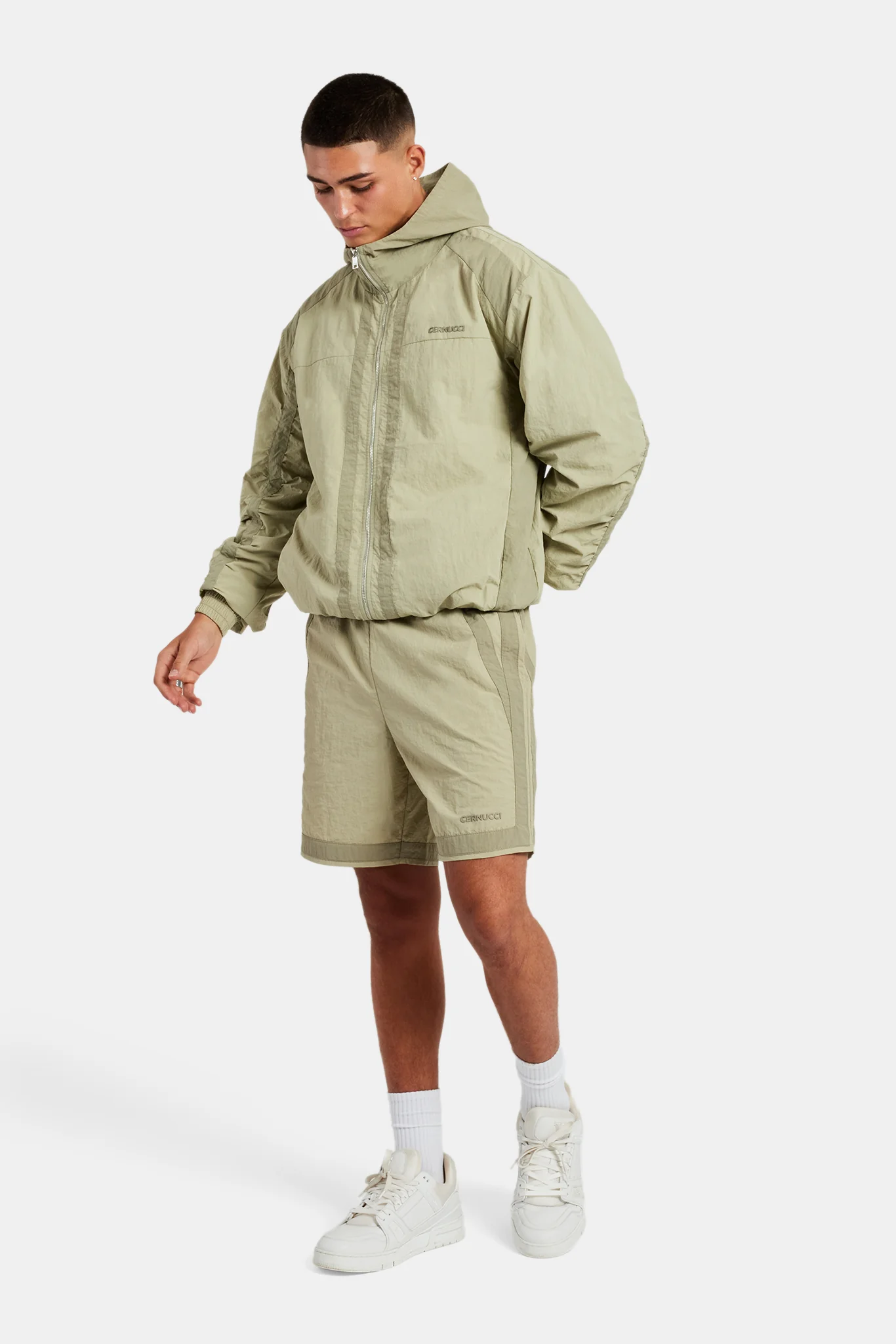 Nylon Colour Block Zip Through & Short Set - Light Khaki - Image 3
