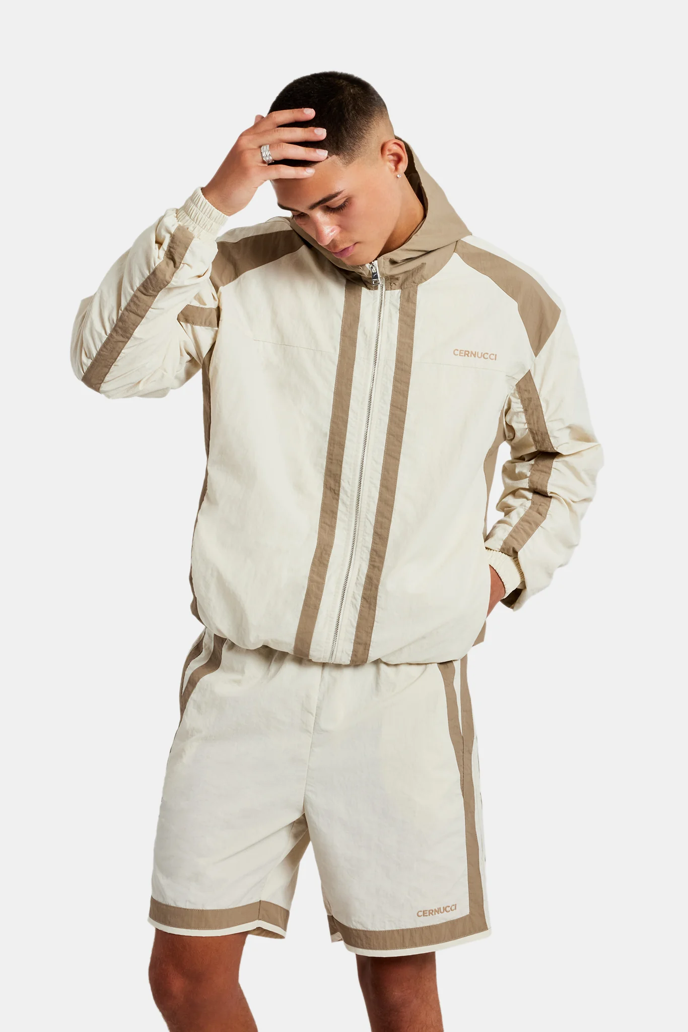 Nylon Colour Block Zip Through & Short Set - Off White - Image 6