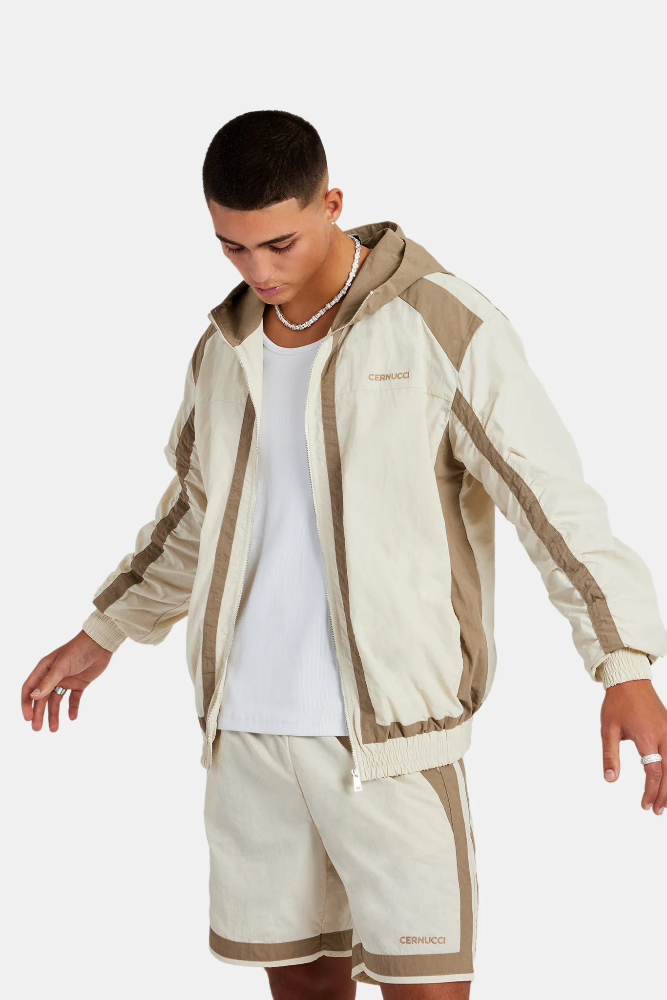 Nylon Colour Block Zip Through & Short Set - Off White - Image 7