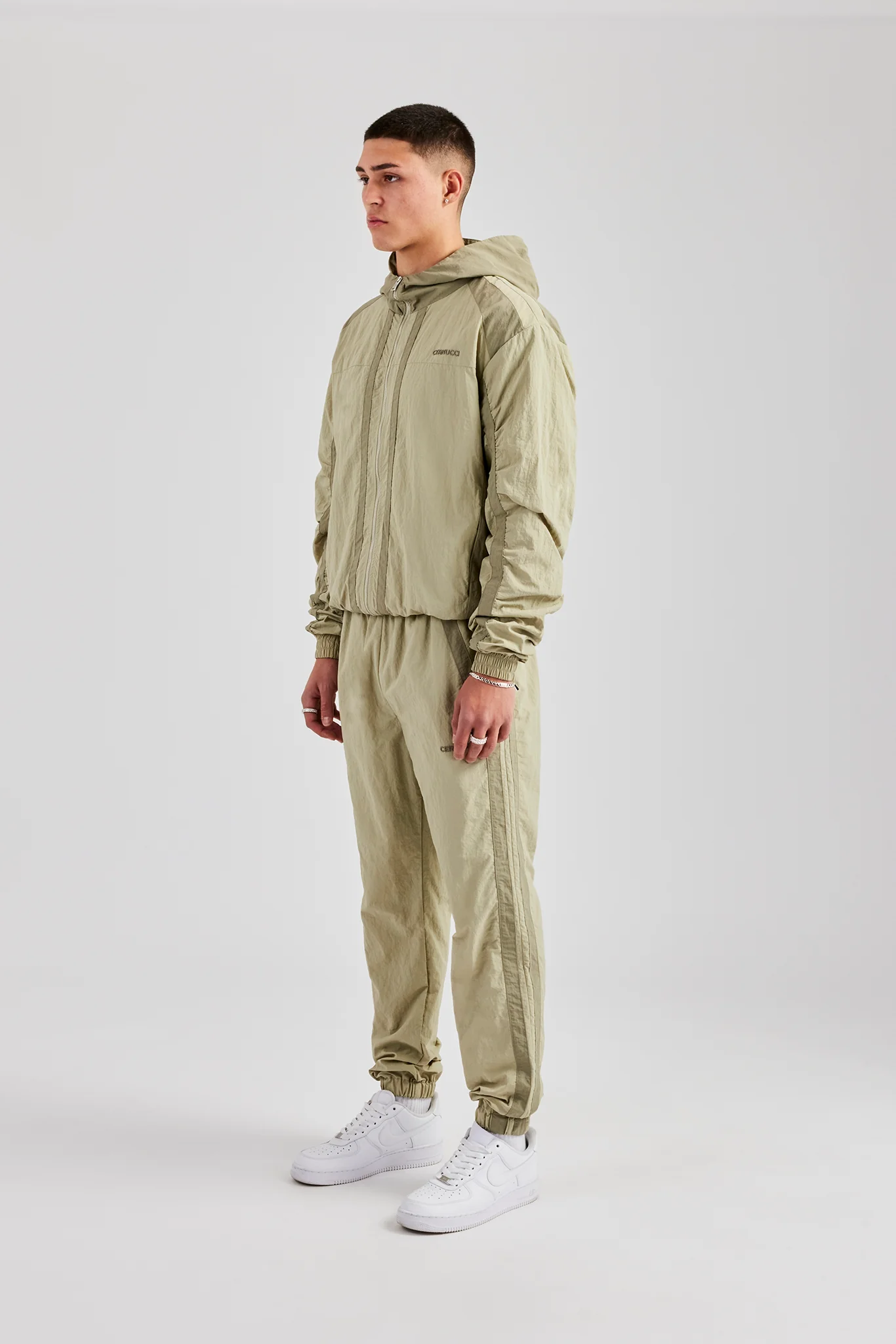Nylon Colour Block Zip Through Tracksuit - Light Khaki - Image 2