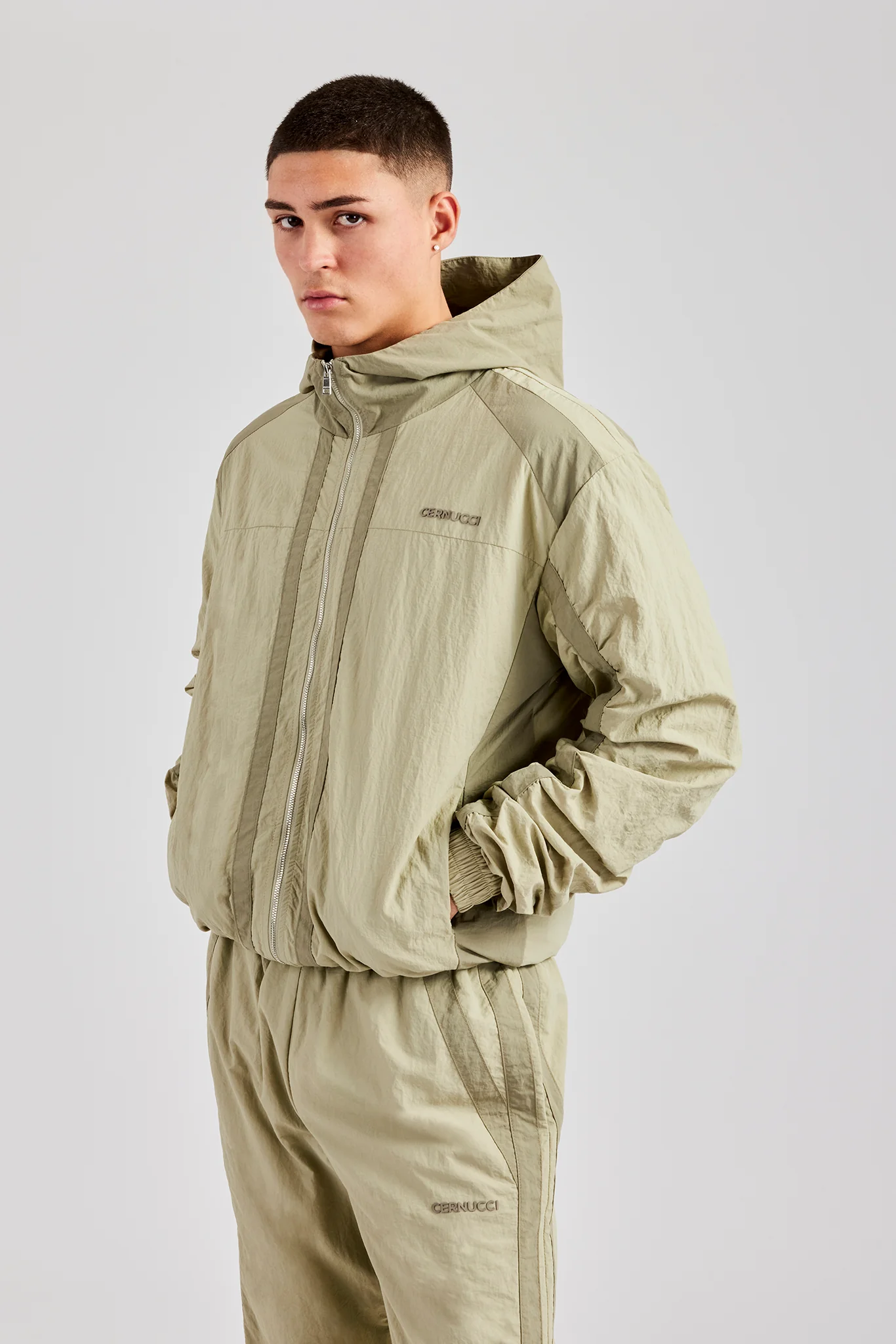 Nylon Colour Block Zip Through Tracksuit - Light Khaki - Image 6