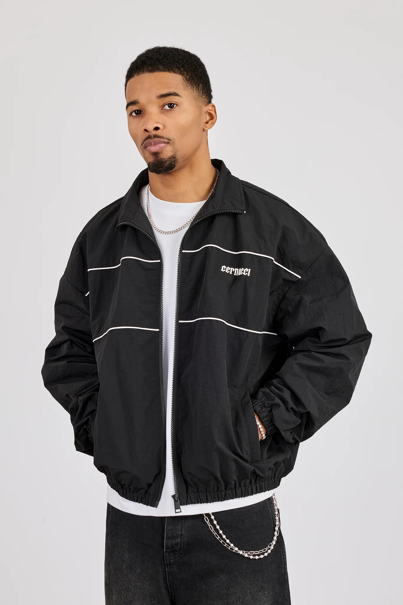 Nylon Contrast Funnel Neck Track Jacket - Black - Image 3