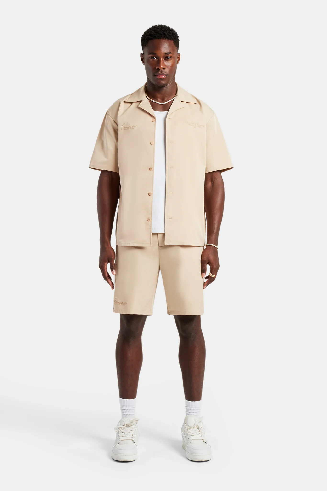 Nylon Embroidered Shirt & Short Set - Sand - Image 2