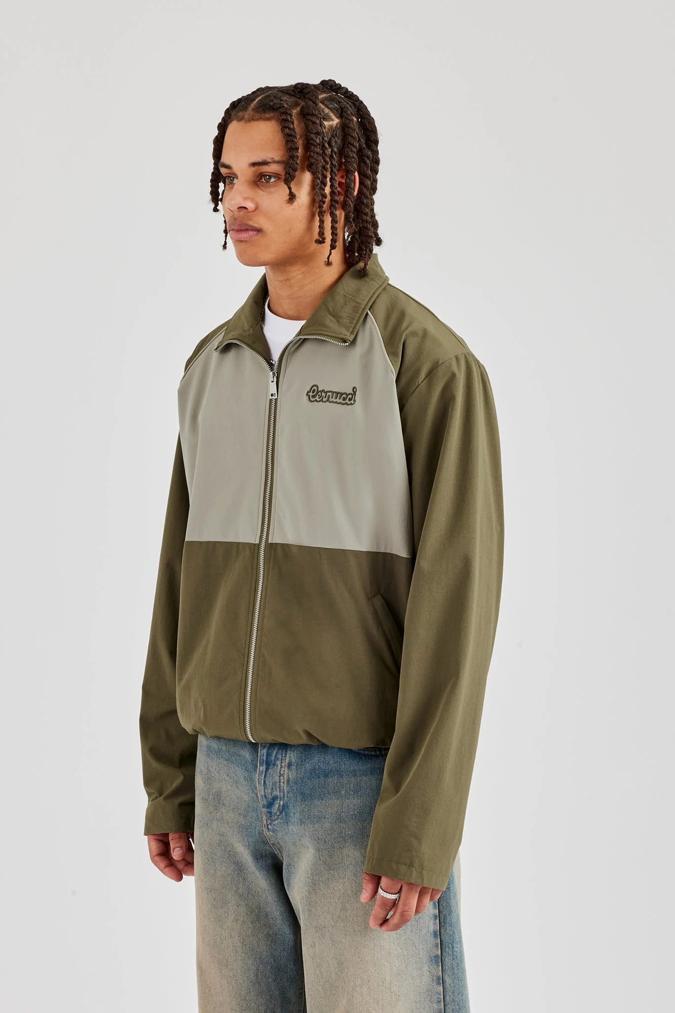 Nylon Panel Funnel Neck Track Jacket - Khaki - Image 2