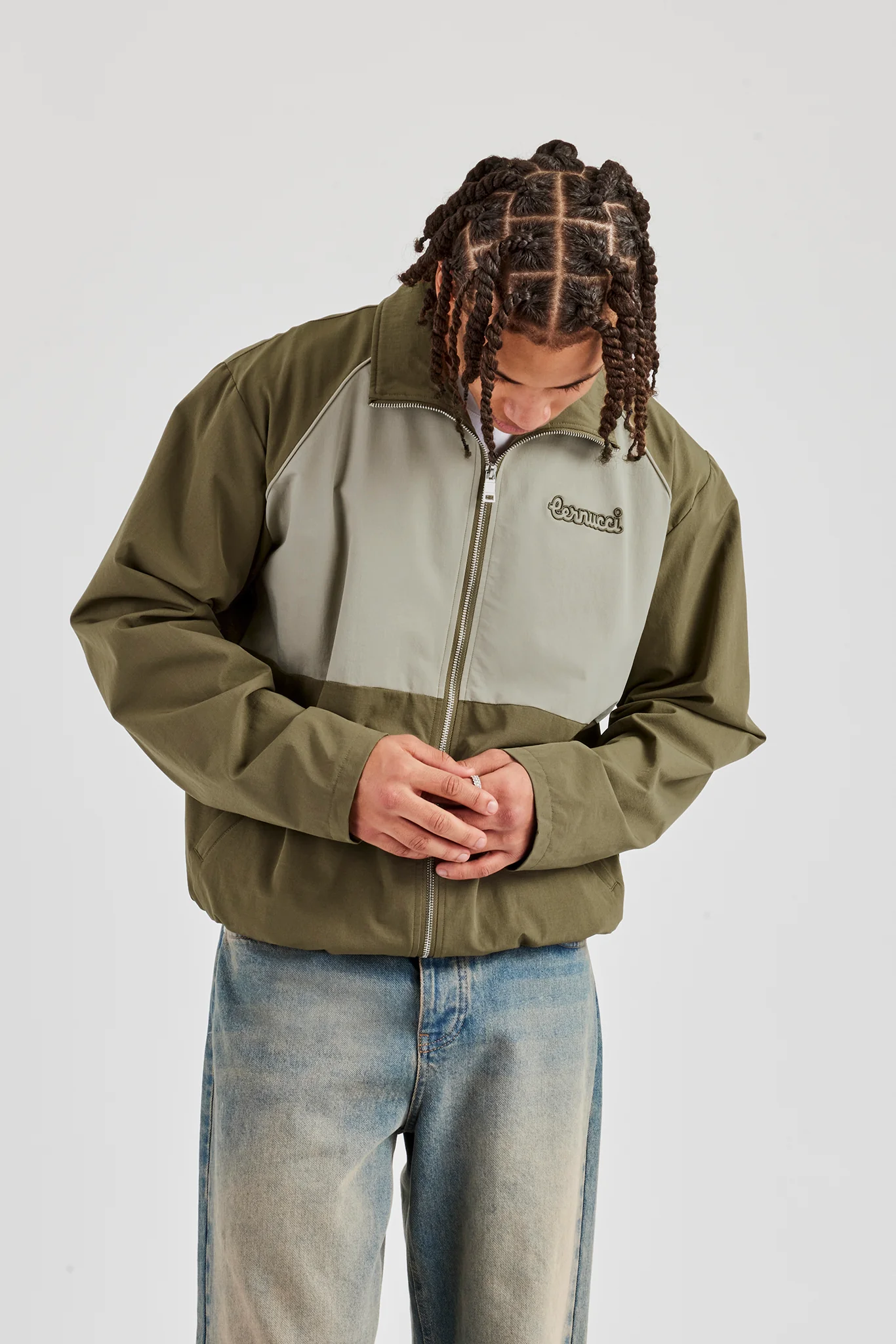 Nylon Panel Funnel Neck Track Jacket - Khaki - Image 9