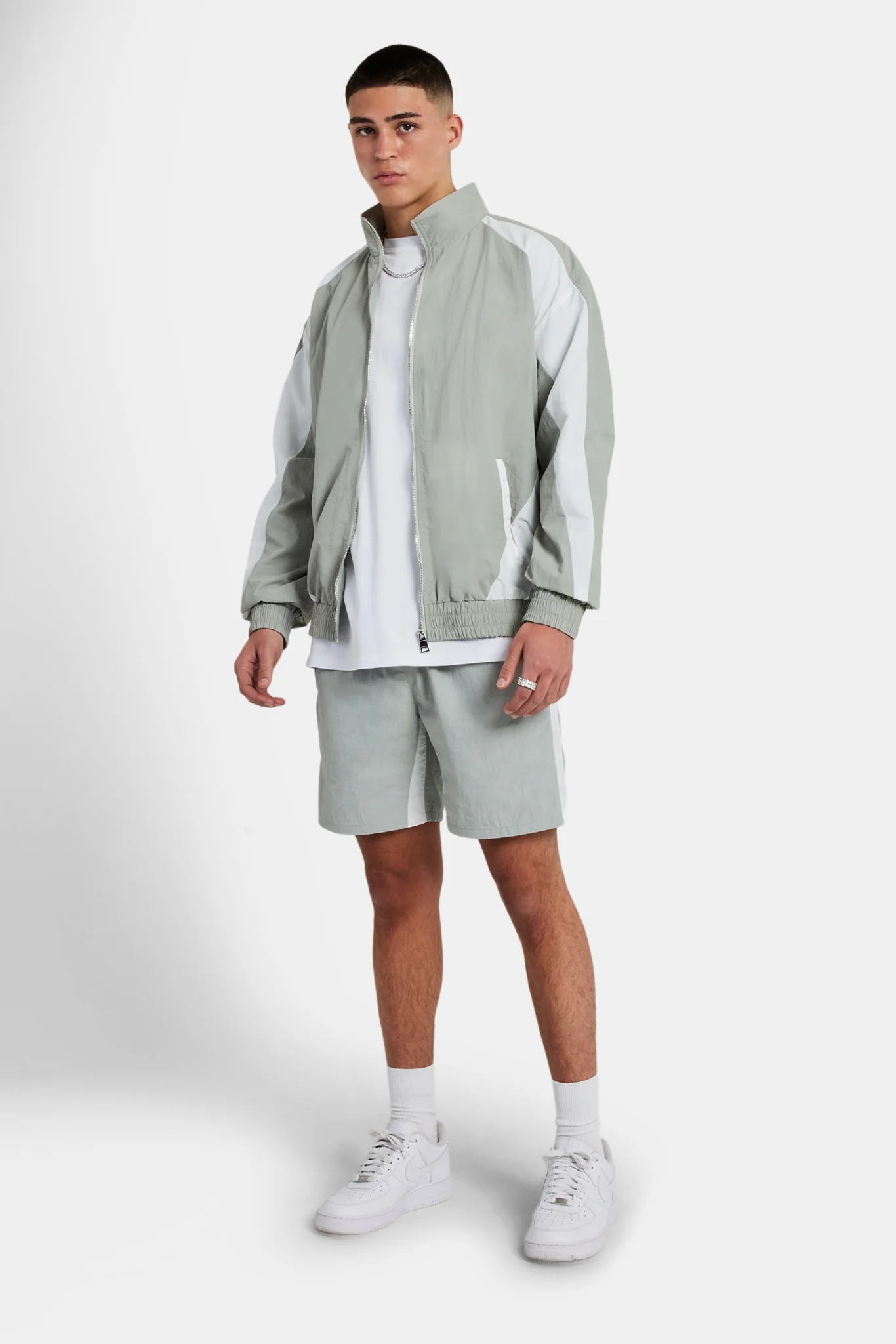 Nylon Panelled Track Jacket & Short Set - Light Grey