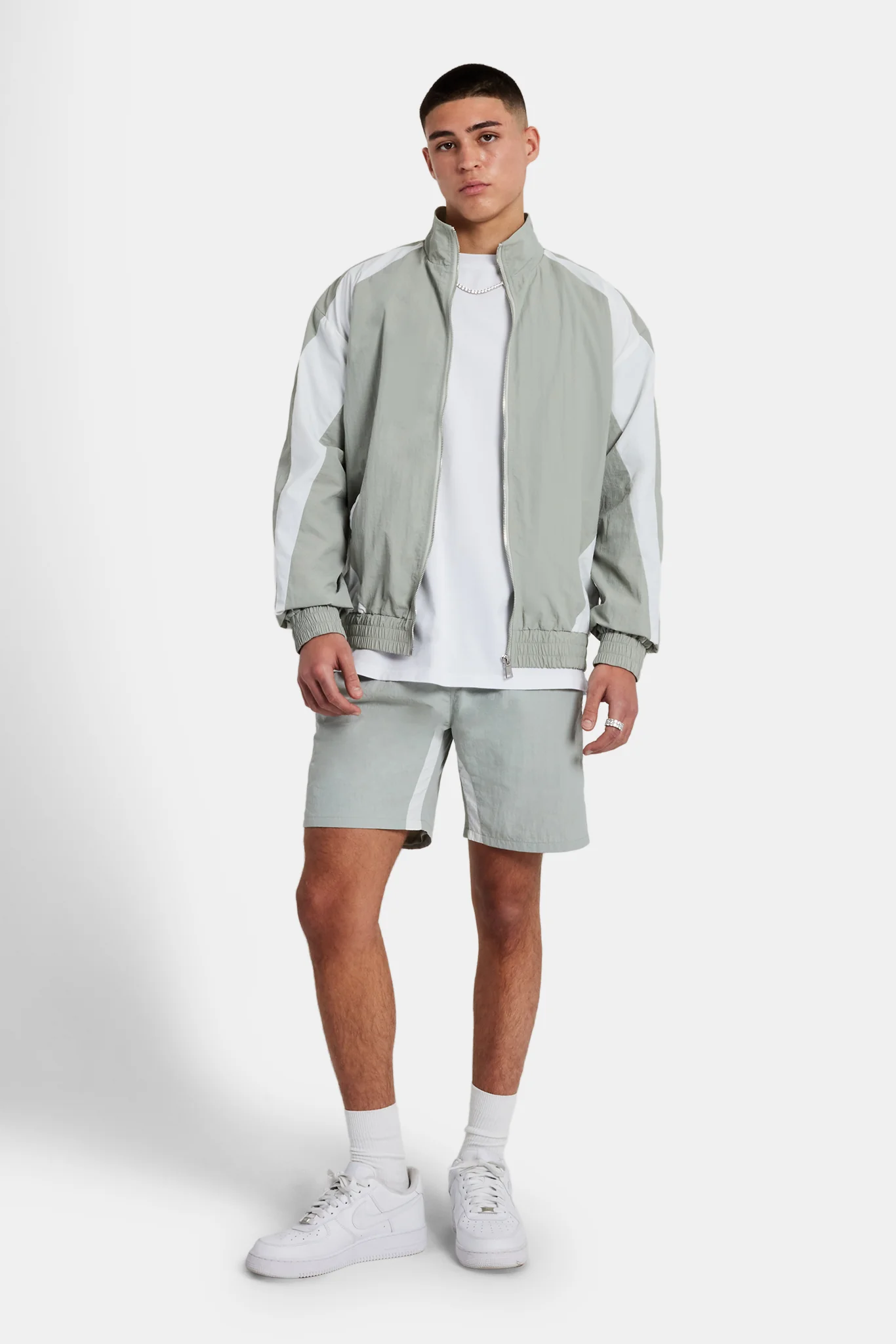 Nylon Panelled Track Jacket & Short Set - Light Grey - Image 3