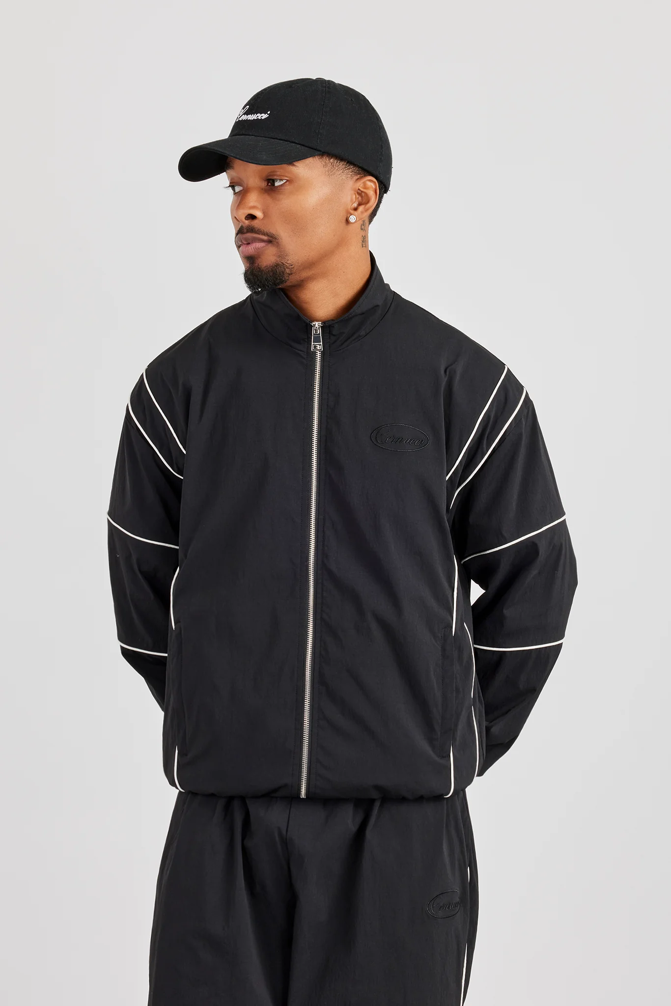 Nylon Piping Embroidered Track Jacket - Black - Image 2