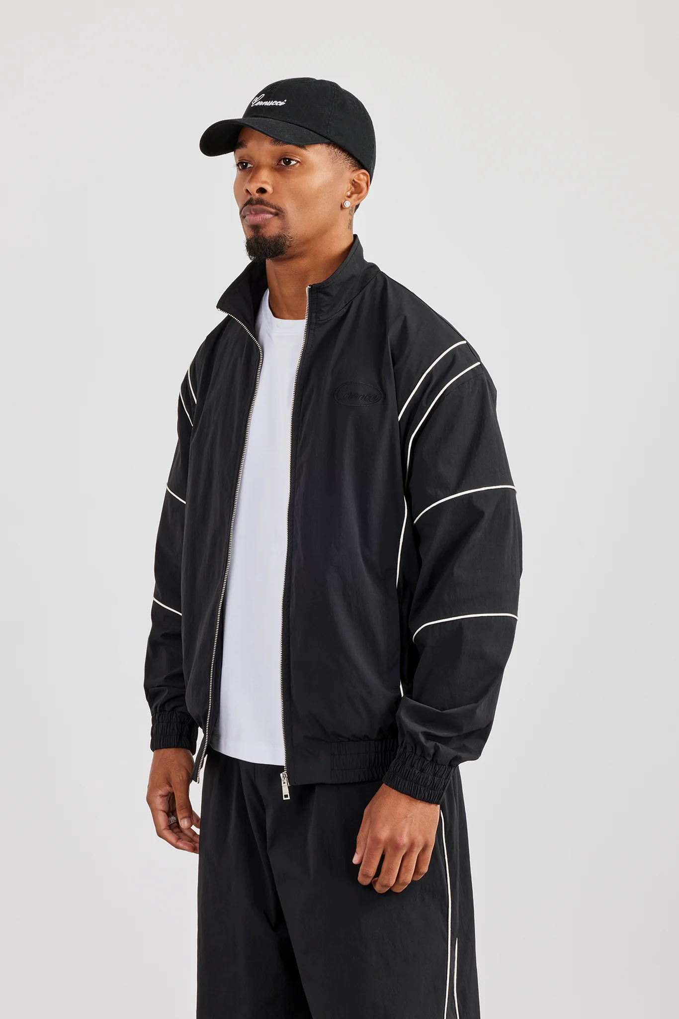 Nylon Piping Embroidered Track Jacket - Black - Image 3
