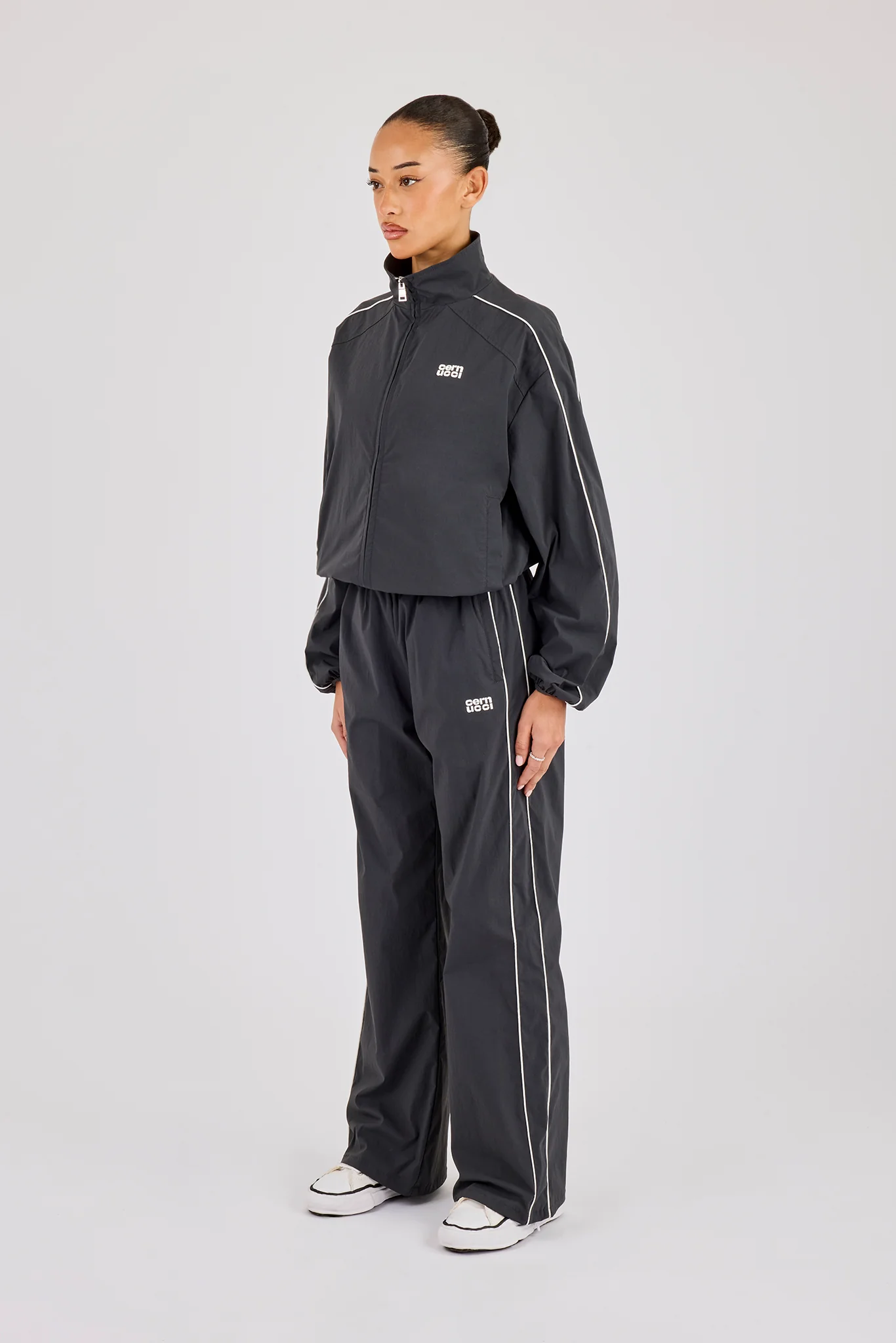 Nylon Piping Track Jacket & Wide Leg Track Pant - Charcoal - Image 3