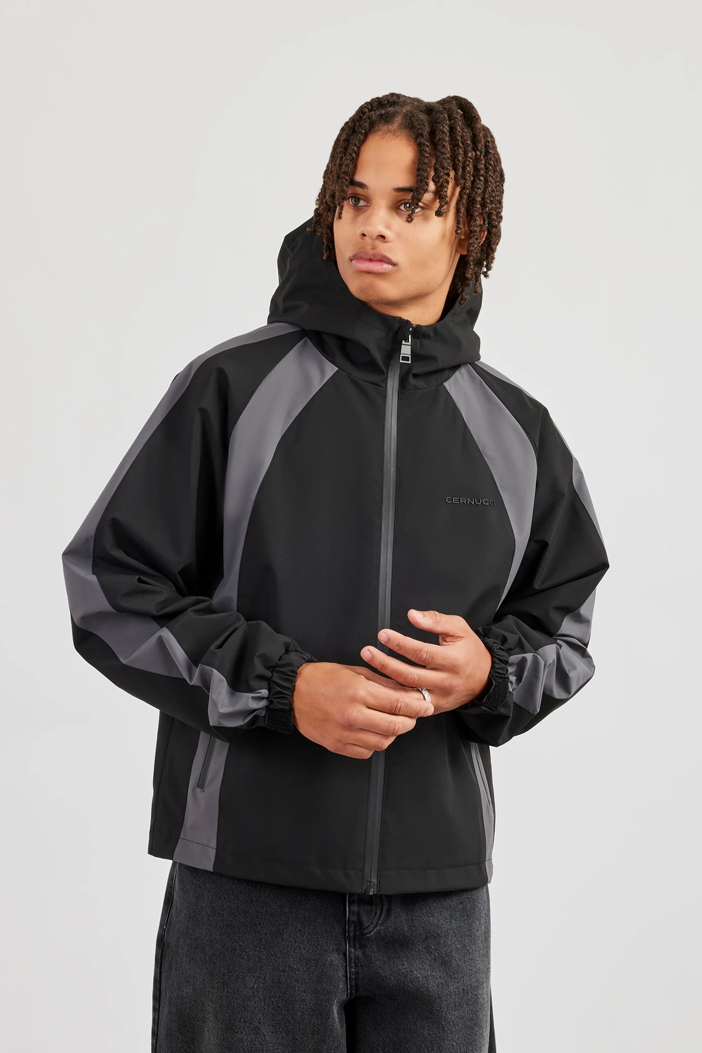 Nylon Windbreaker With Panels - Black