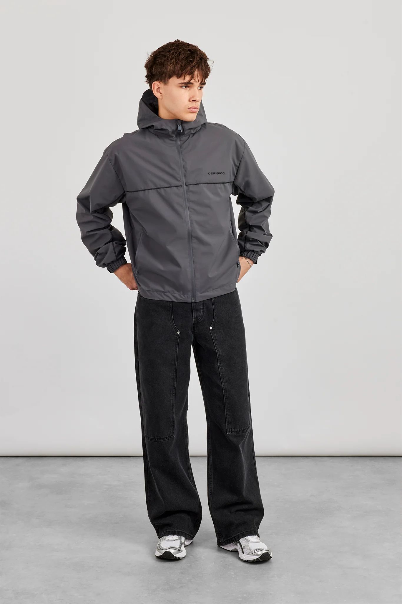 Nylon Windbreaker With Piping - Charcoal - Image 4