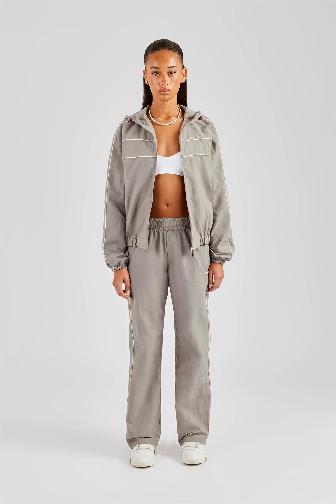 Nylon Zip Through Hooded Jacket & Trousers - Light Grey - Image 4