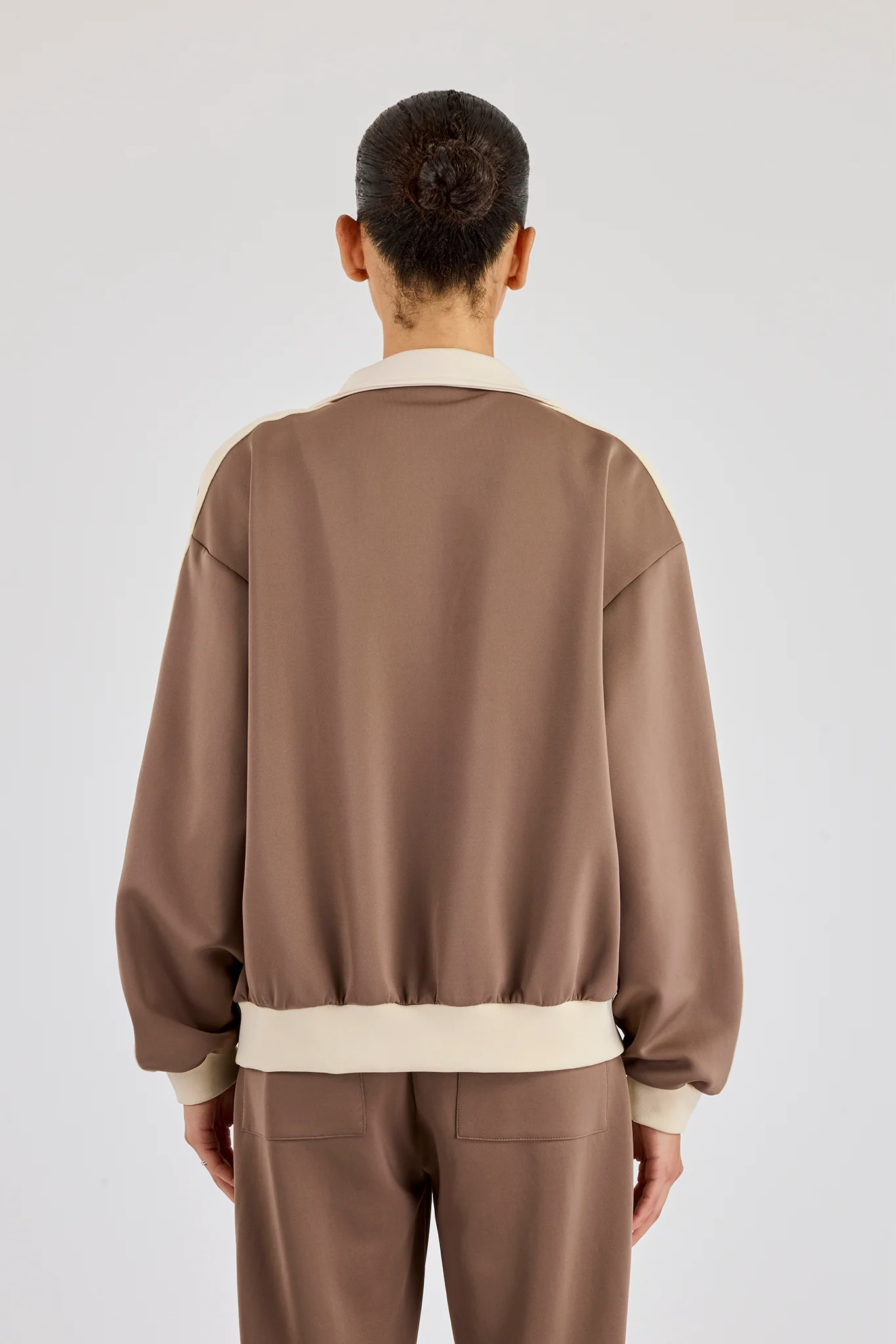 Off White Rib Contrast Panel Track Top - Taupe - Image 3