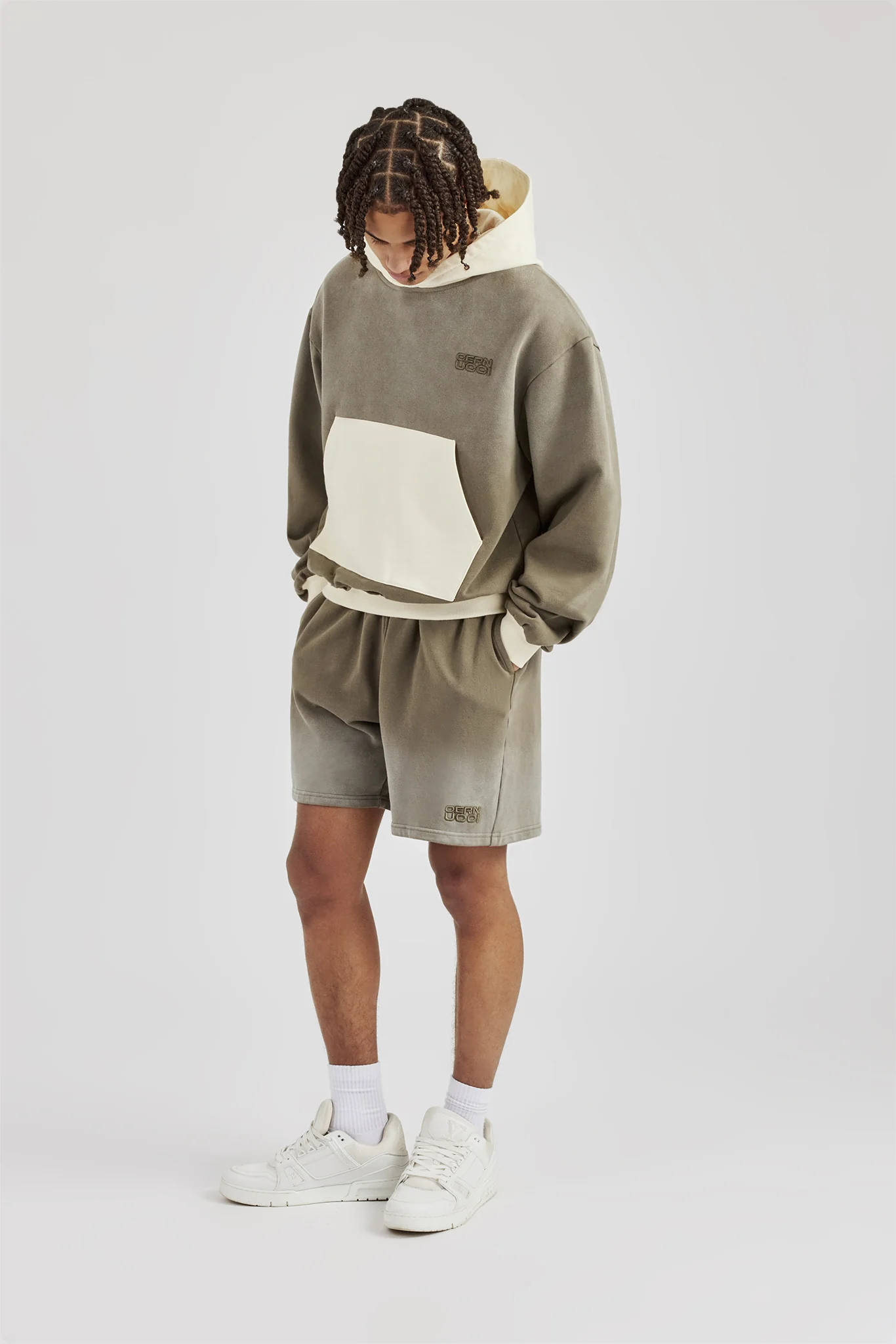 Ombre Wash Contrast Pocket Hoodie & Short Khaki - Image 4