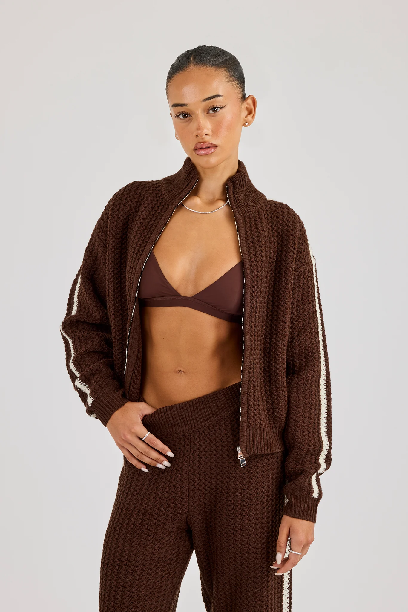Open Knit Funnel Neck Jacket With Tape Detailing - Dark Brown - Image 3