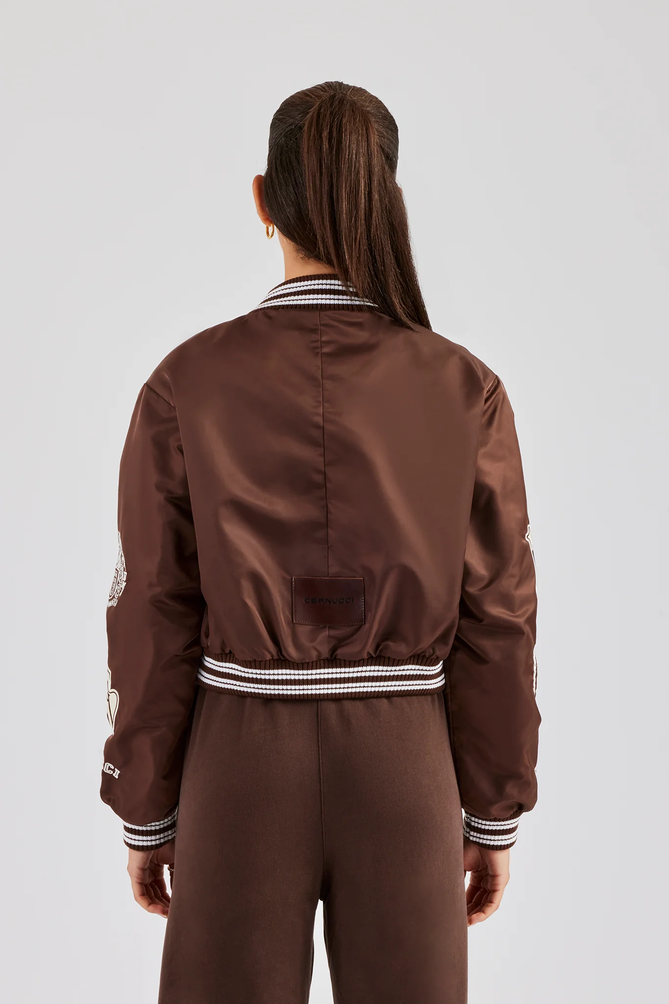 Oversized 17 Nylon Applique Badge Bomber - Chocolate - Image 3
