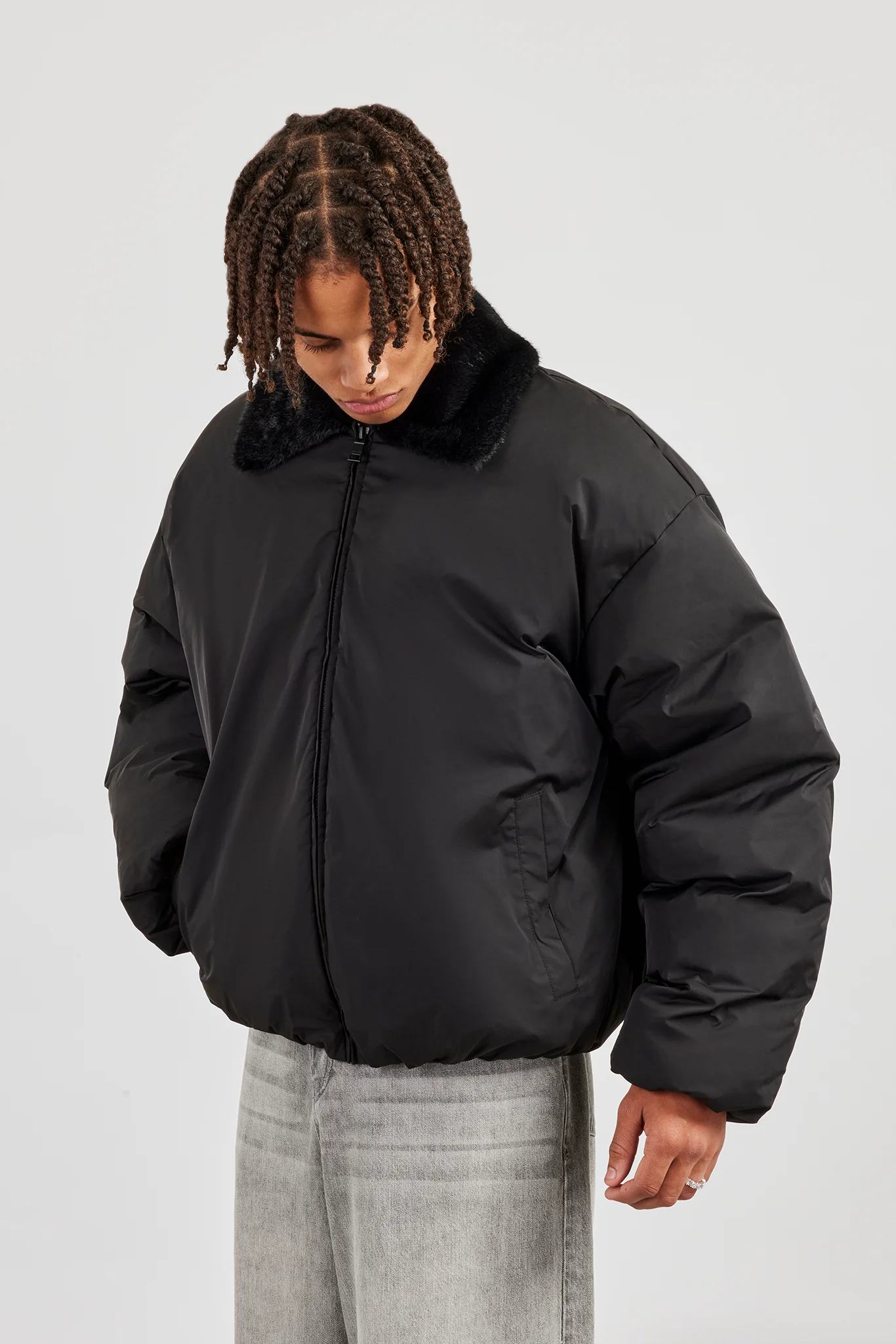 Oversized Bomber With Fur Collar - Black - Image 3