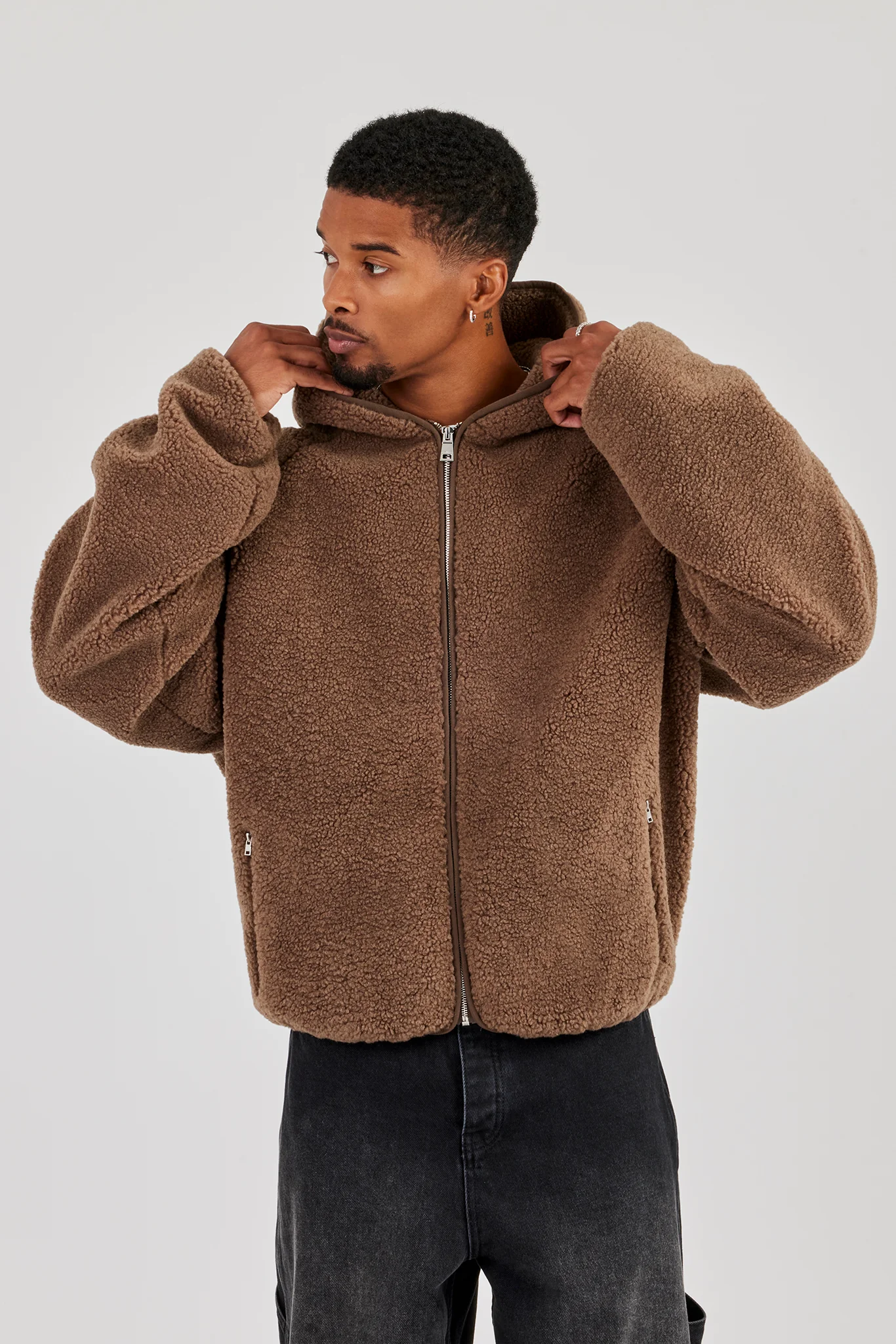 Oversized Borg Zip Hoodie - Chocolate - Image 3