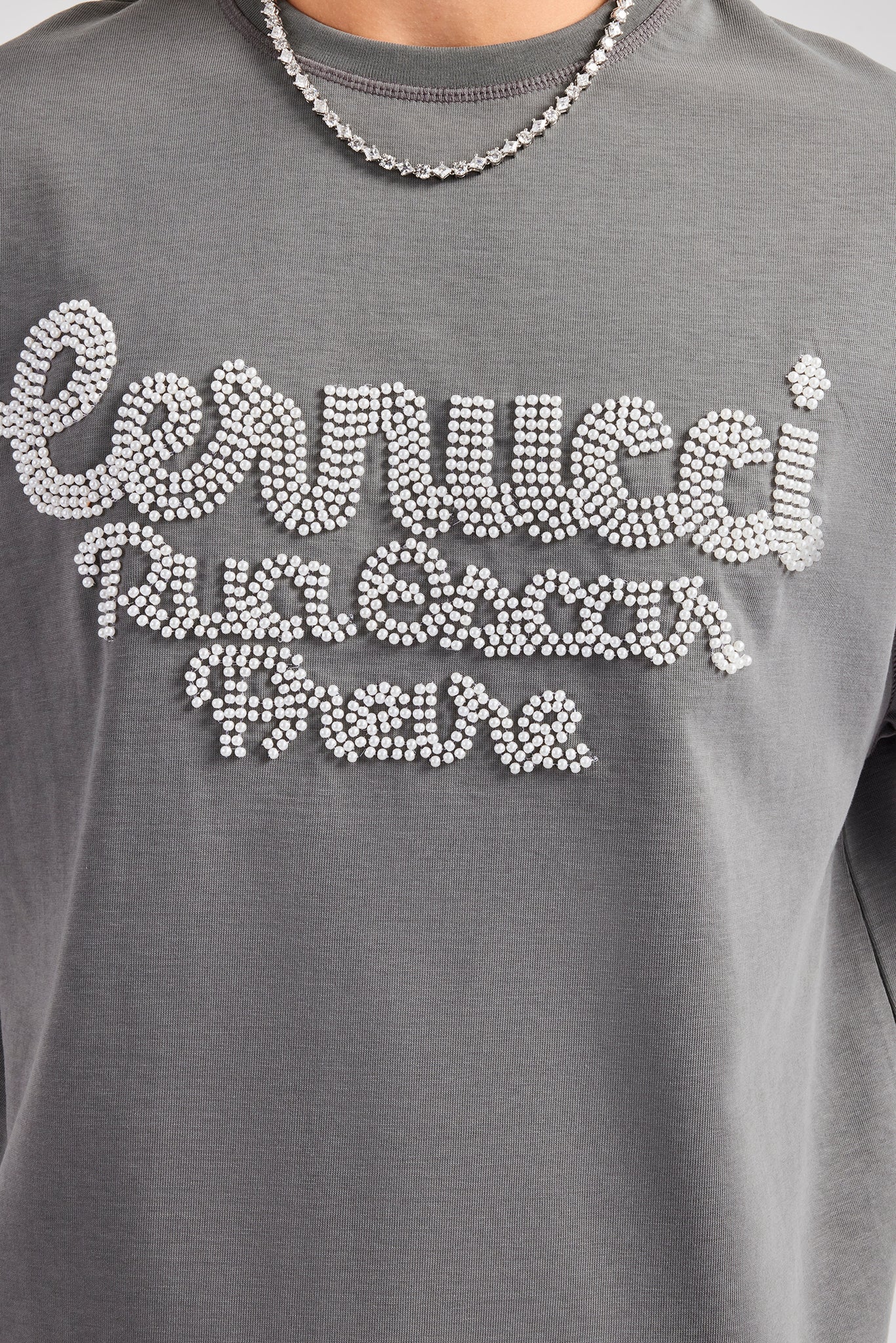 Oversized Boxy Washed Pearl Detail T-Shirt - Charcoal - Image 3