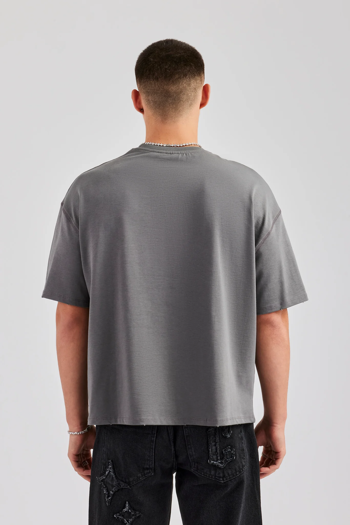 Oversized Boxy Washed Pearl Detail T-Shirt - Charcoal - Image 4