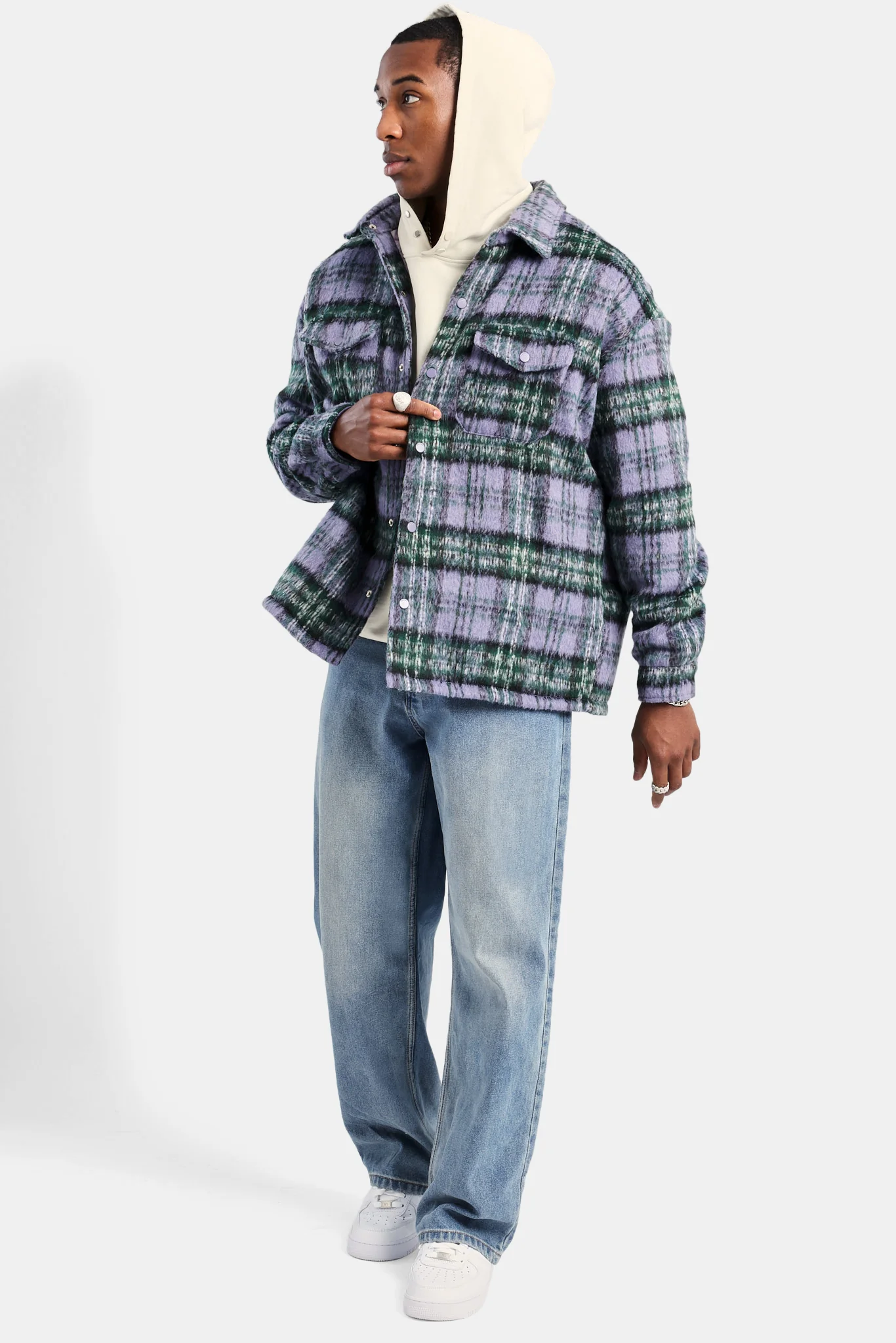 Oversized Brushed Check Overshirt - Purple - Image 6