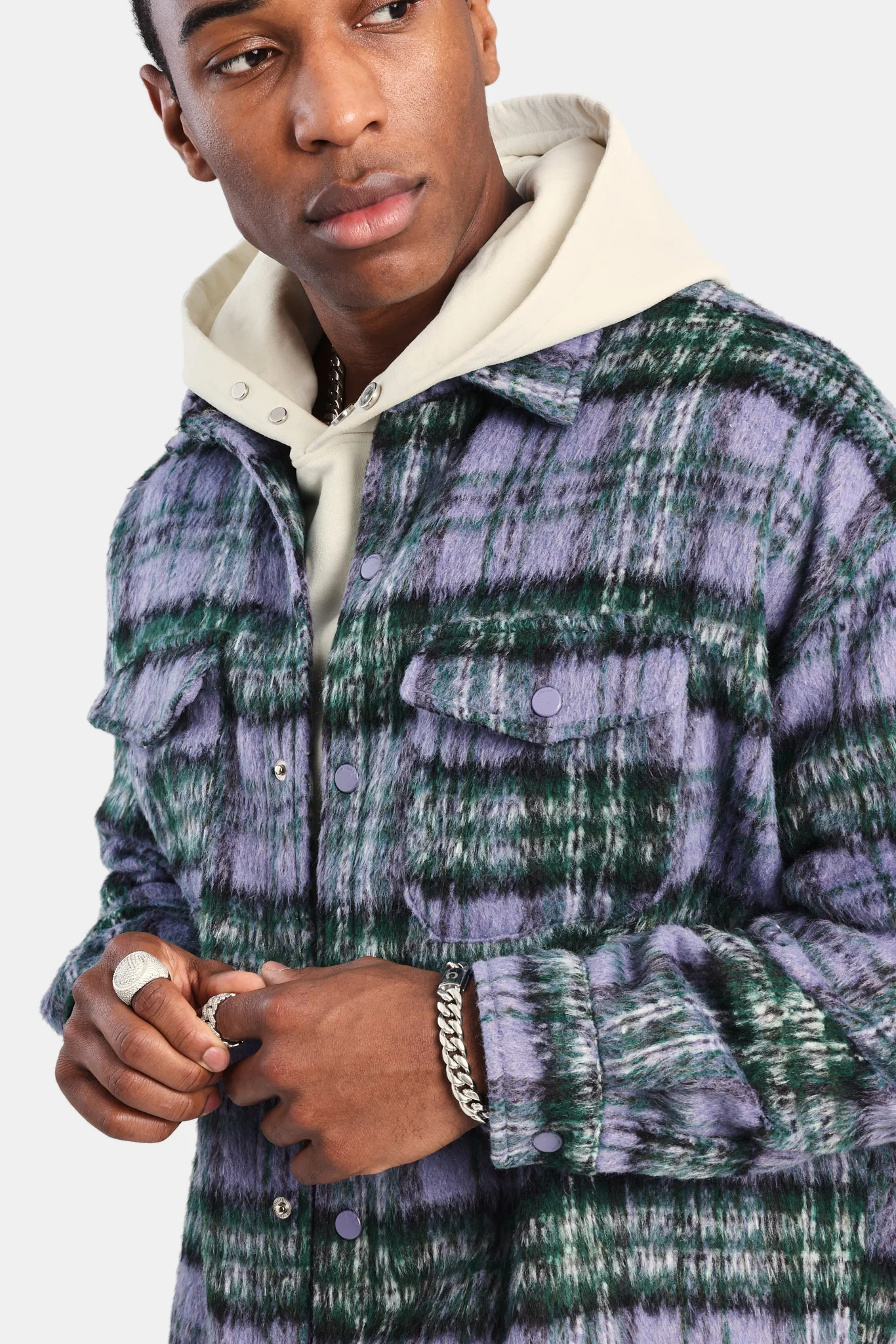 Oversized Brushed Check Overshirt - Purple - Image 8