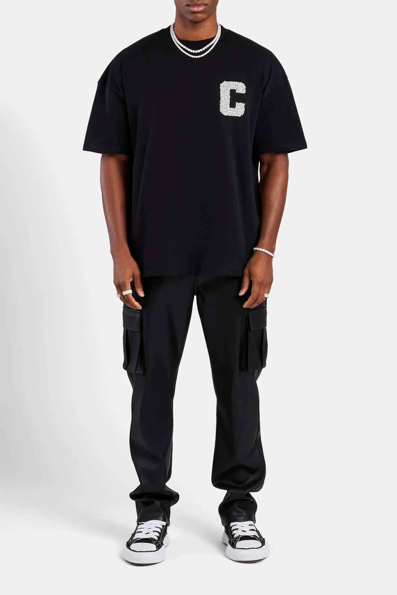 Oversized C Rhinestone Applique T- Shirt - Black - Image 2