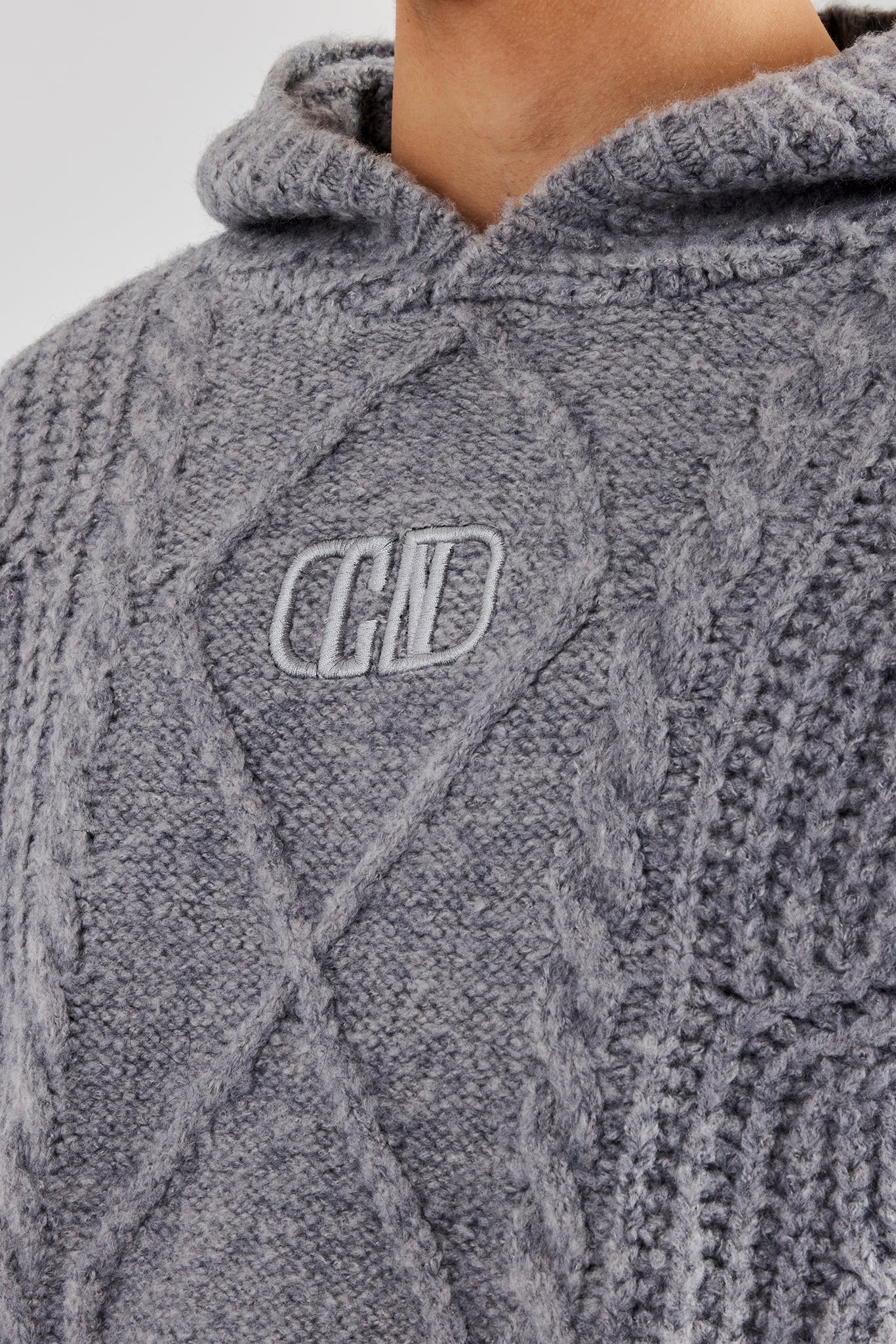 Boxy Cable Knit Embroidered Hoodie - Grey - Image 2