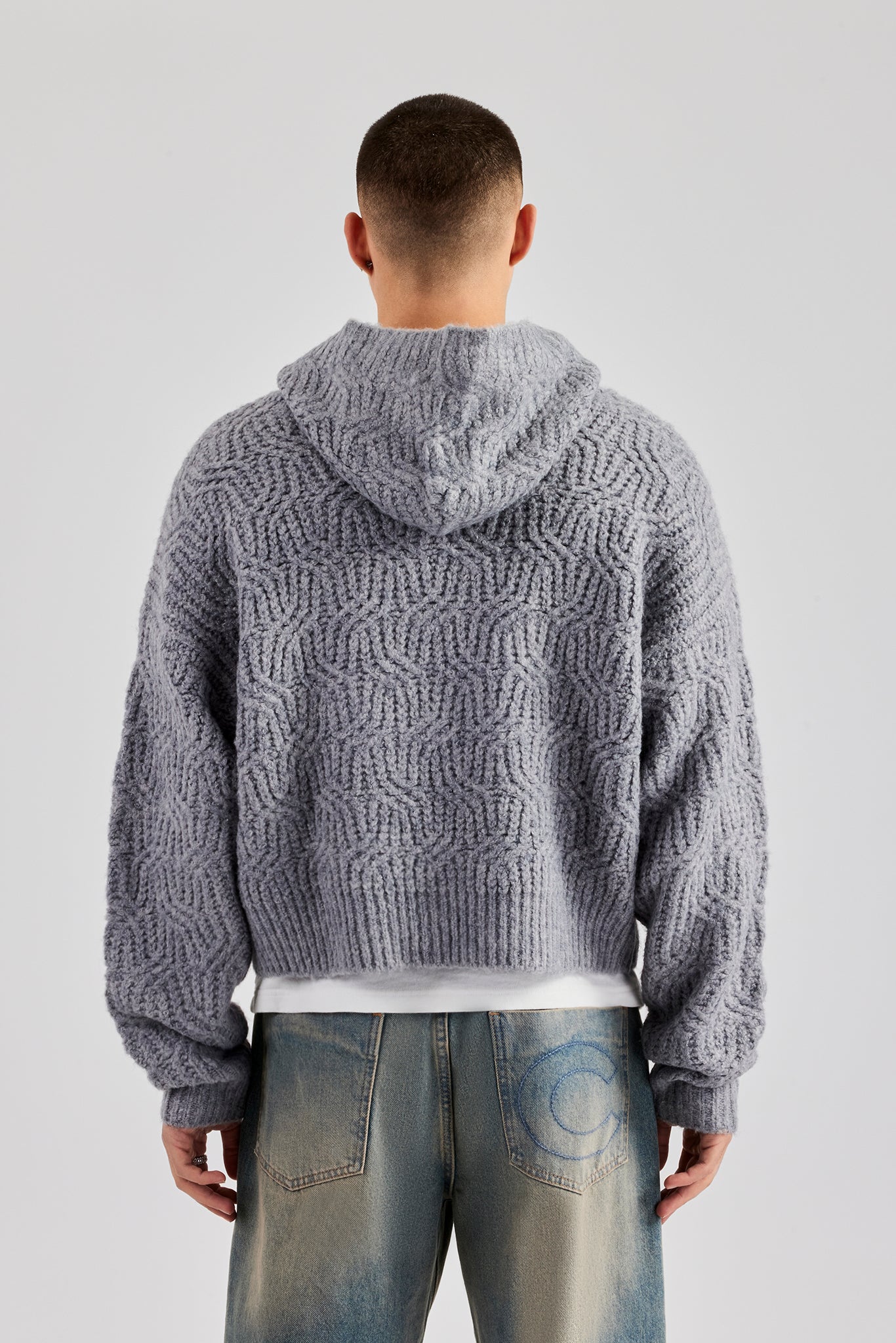 Boxy Cable Knit Embroidered Hoodie - Grey - Image 4