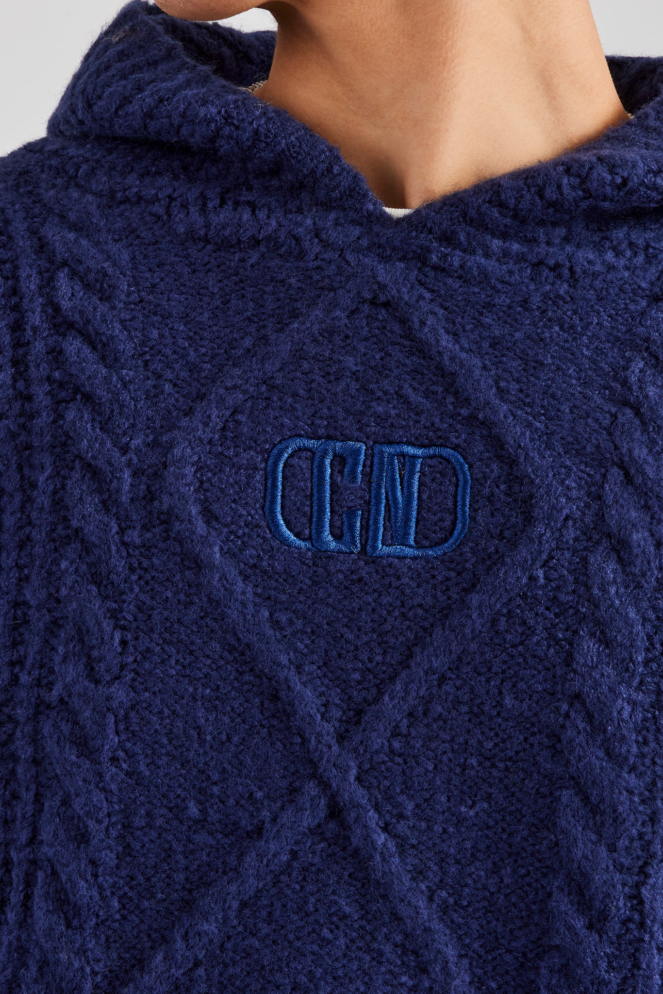 Boxy Cable Knit Embroidered Hoodie - Navy - Image 2