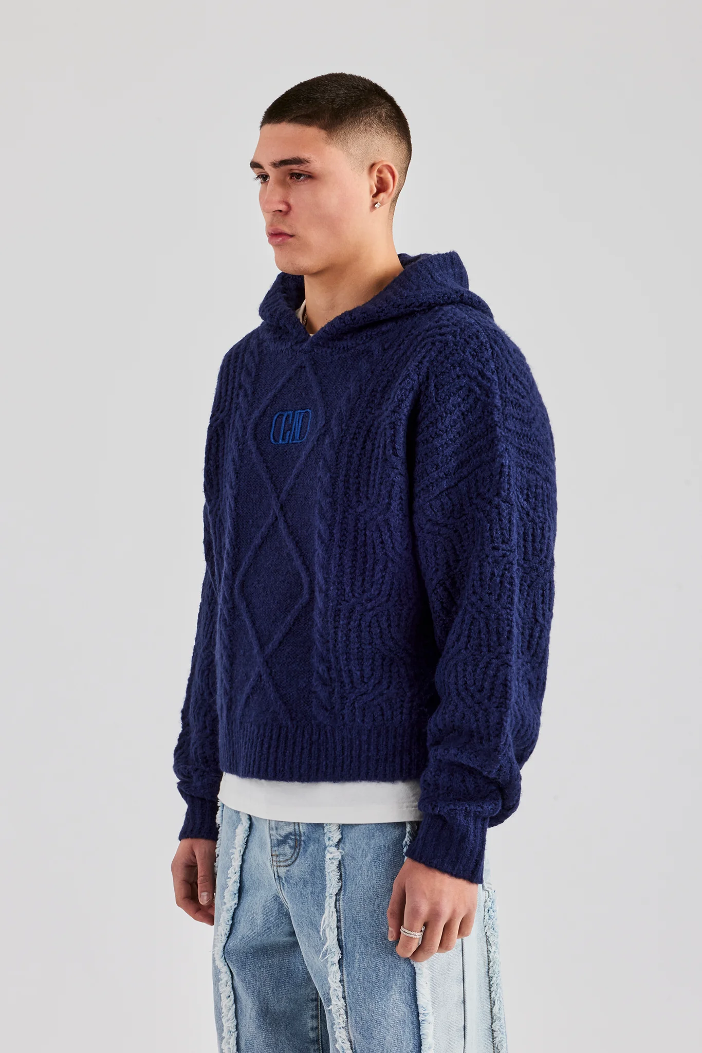 Boxy Cable Knit Embroidered Hoodie - Navy - Image 3