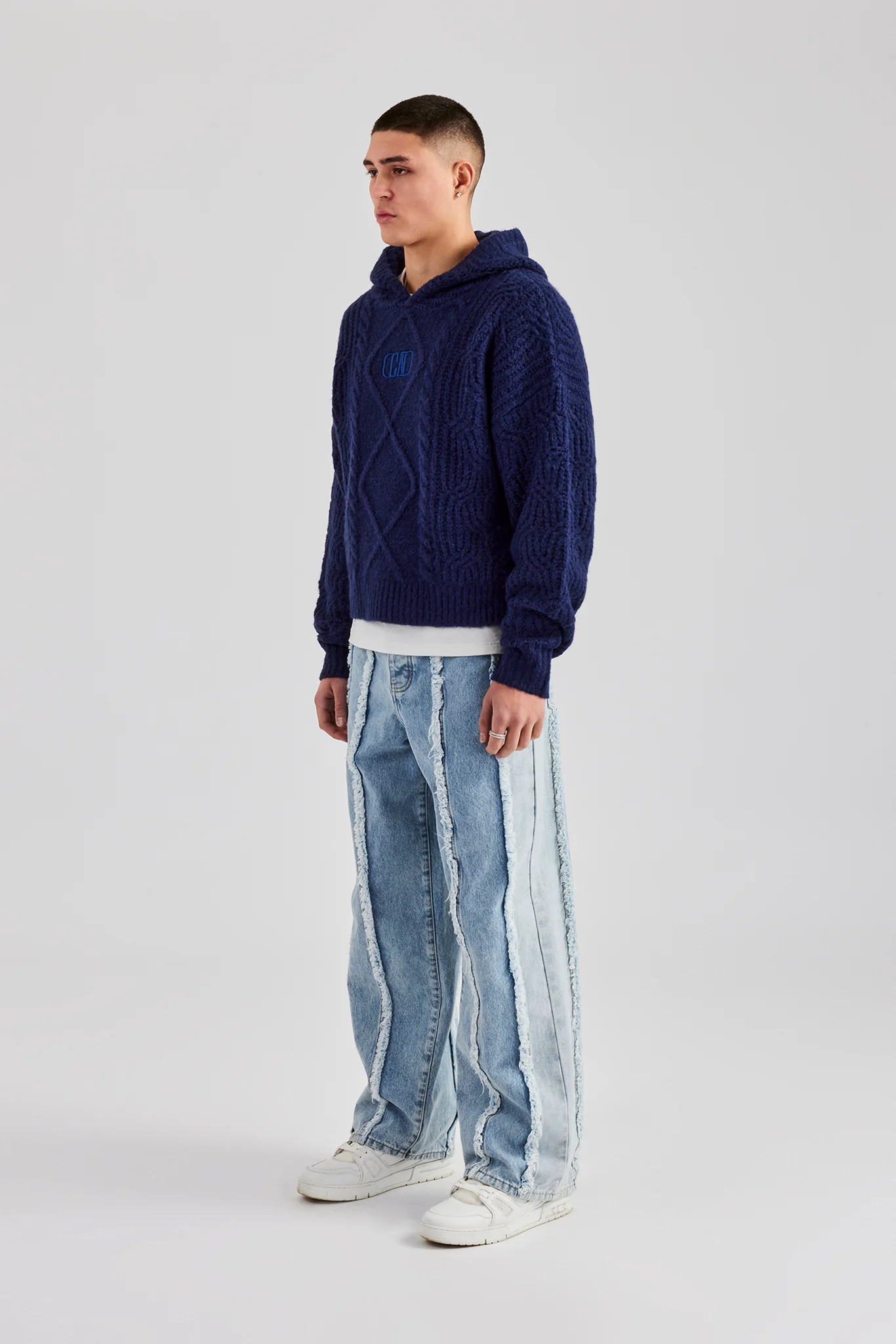 Boxy Cable Knit Embroidered Hoodie - Navy - Image 4