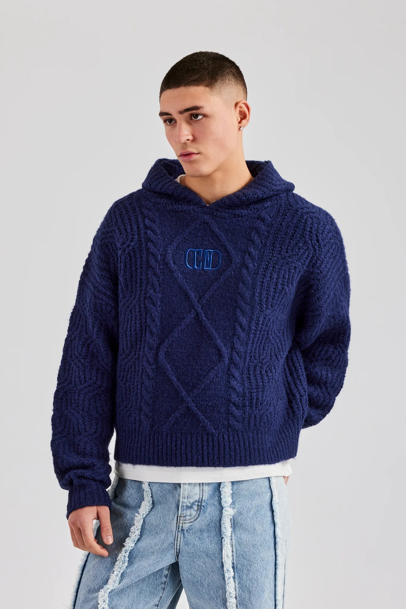 Boxy Cable Knit Embroidered Hoodie - Navy - Image 7
