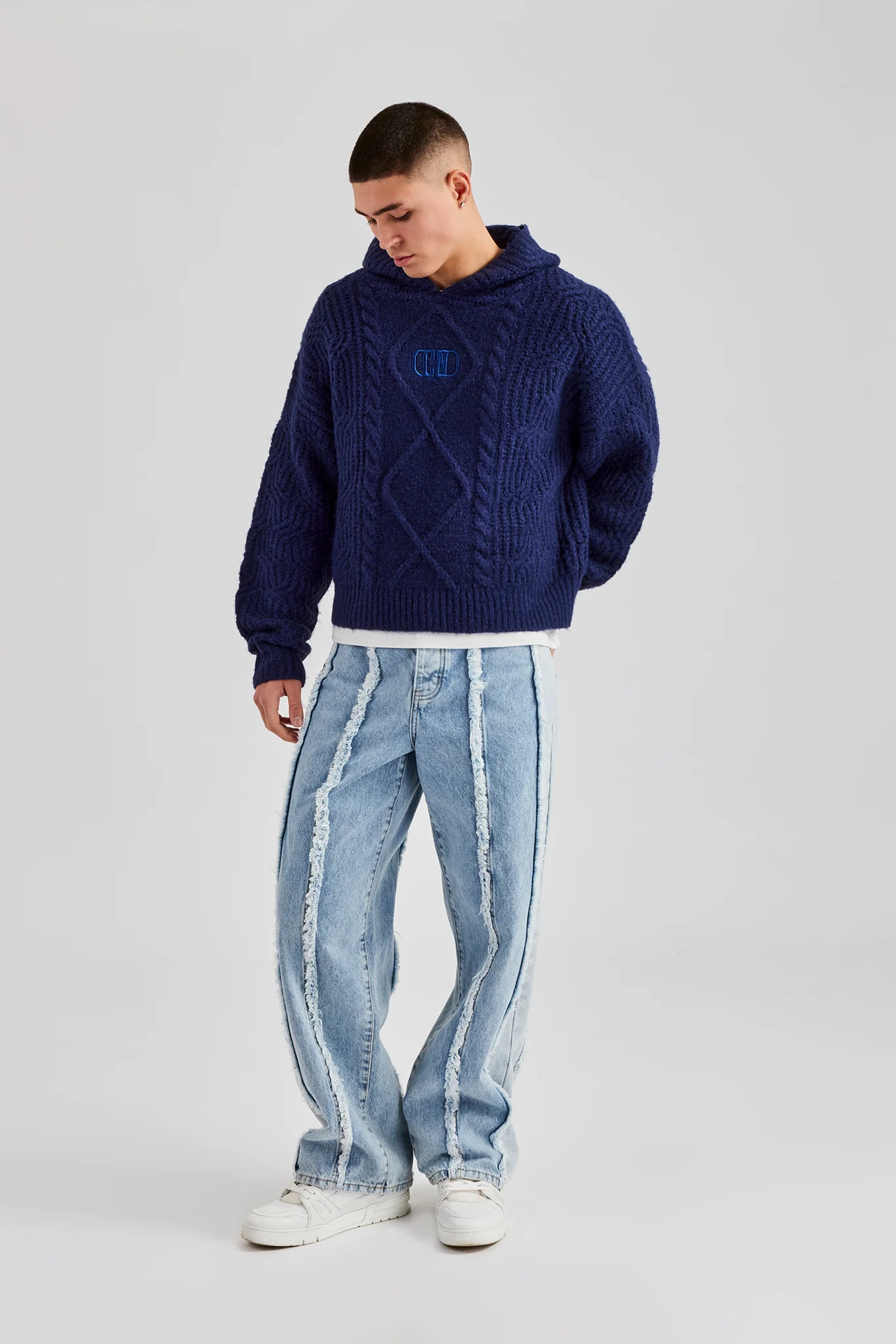 Boxy Cable Knit Embroidered Hoodie - Navy - Image 8