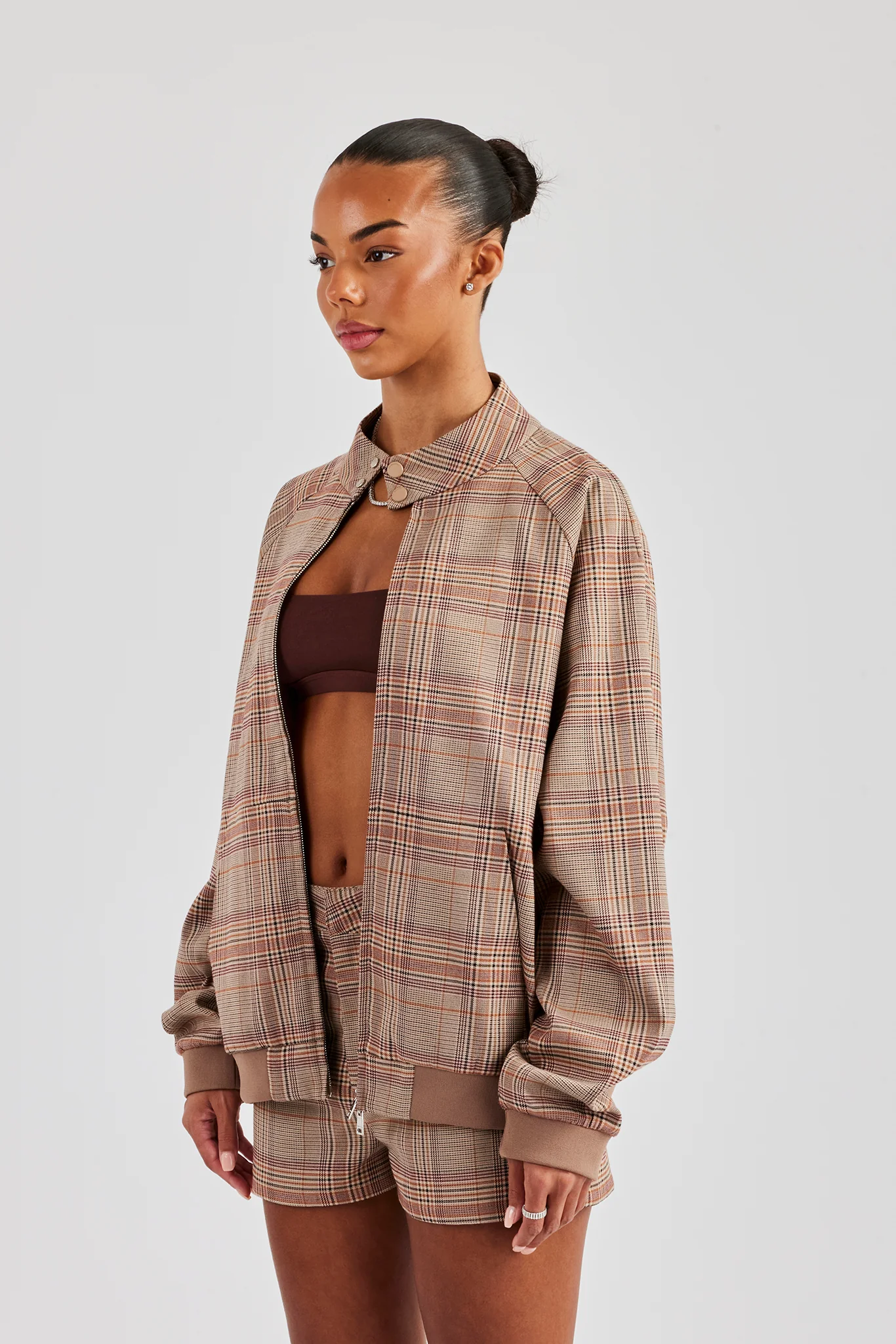 Oversized Check Collarless Jacket & Short - Brown - Image 5