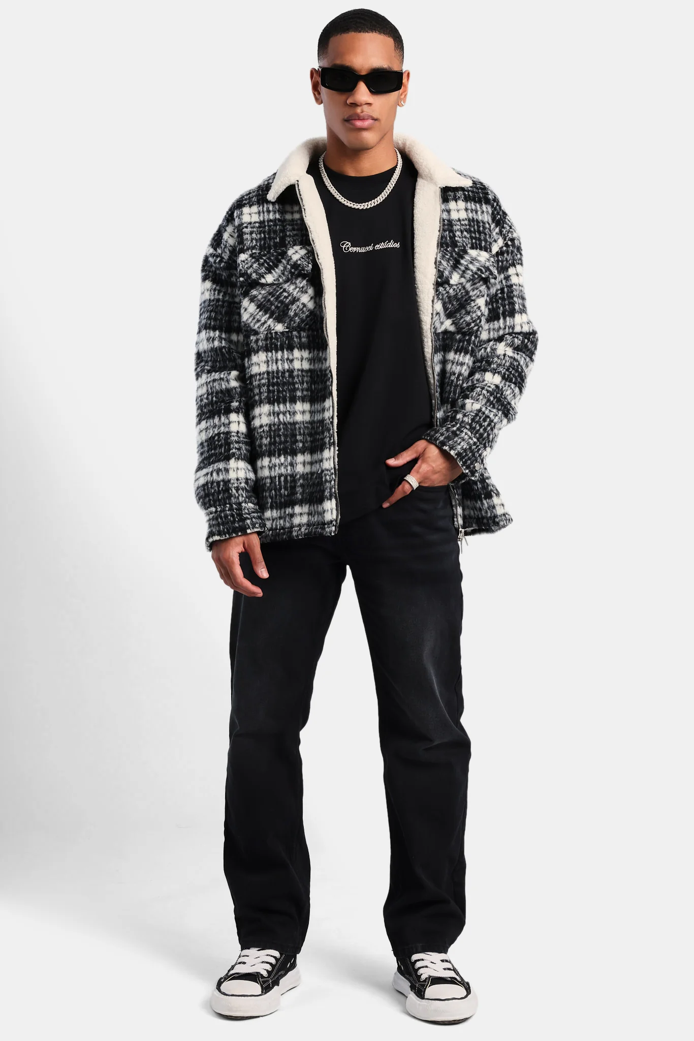 Oversized Check Zip Borg Lined Overshirt - Black - Image 2