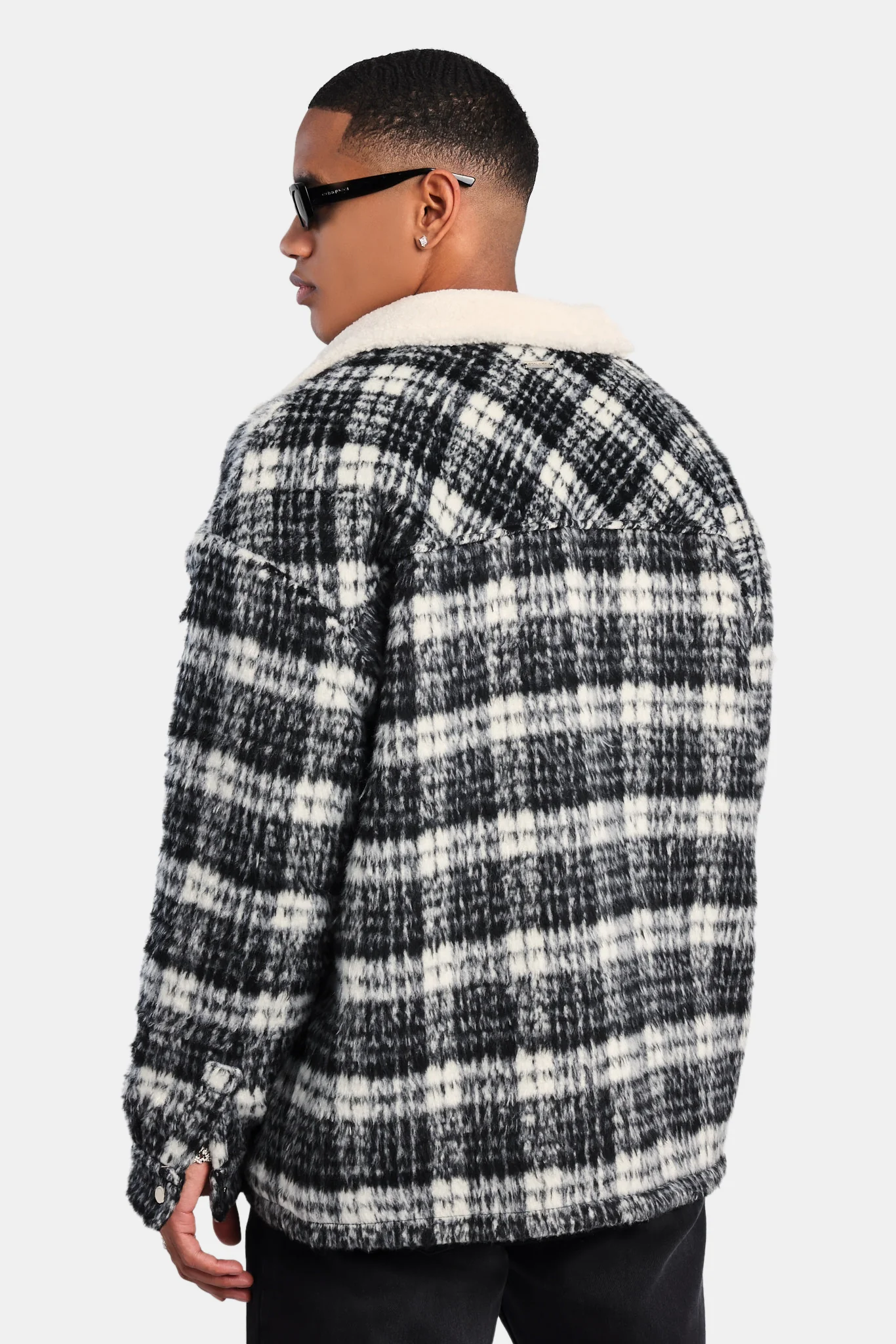 Oversized Check Zip Borg Lined Overshirt - Black - Image 4