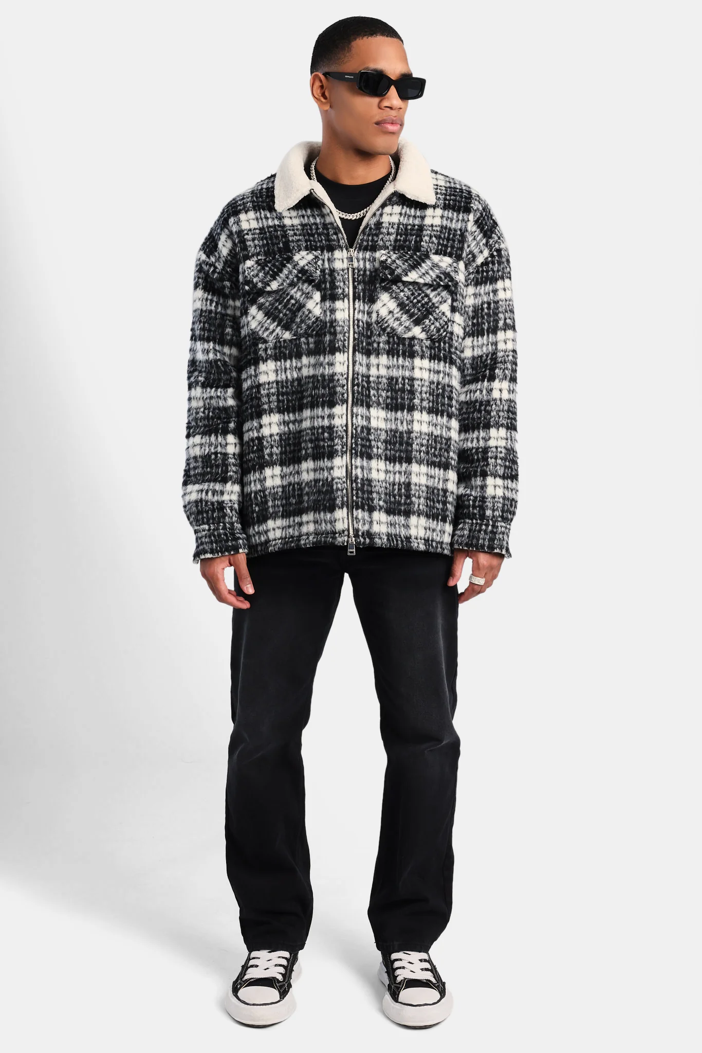 Oversized Check Zip Borg Lined Overshirt - Black - Image 5