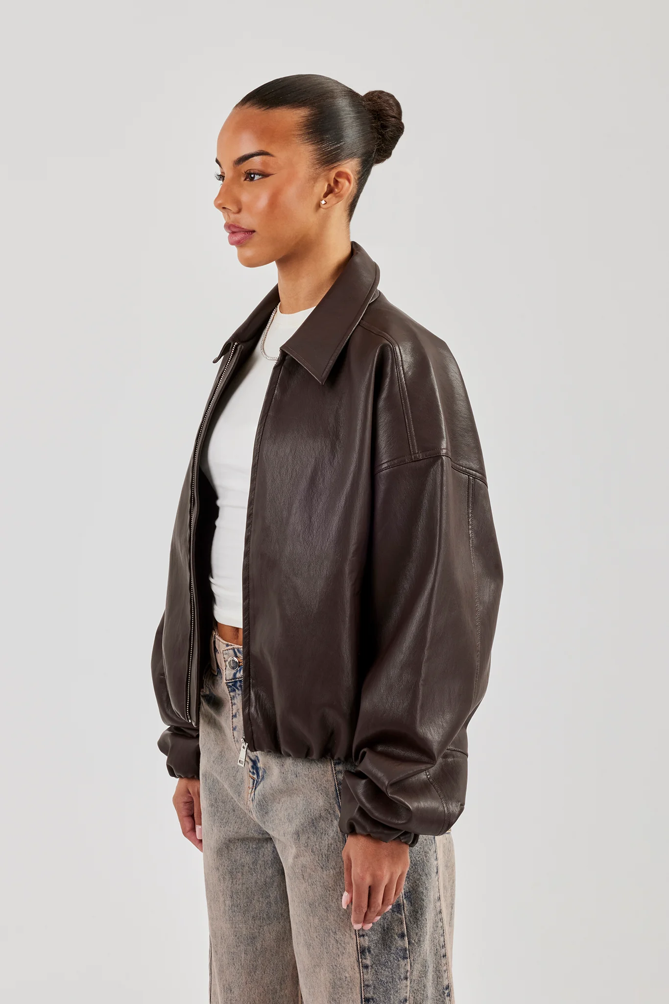 Oversized Collared PU Bomber - Chocolate - Image 2