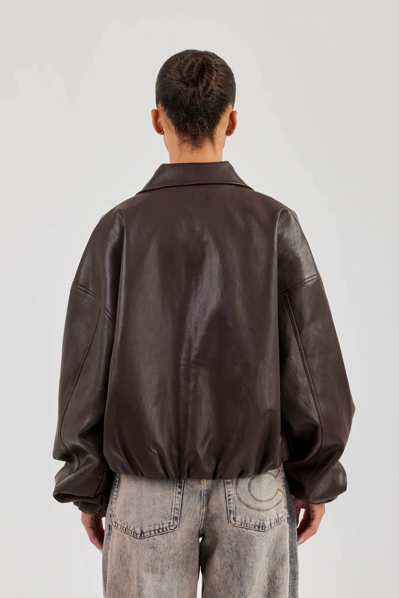 Oversized Collared PU Bomber - Chocolate - Image 3