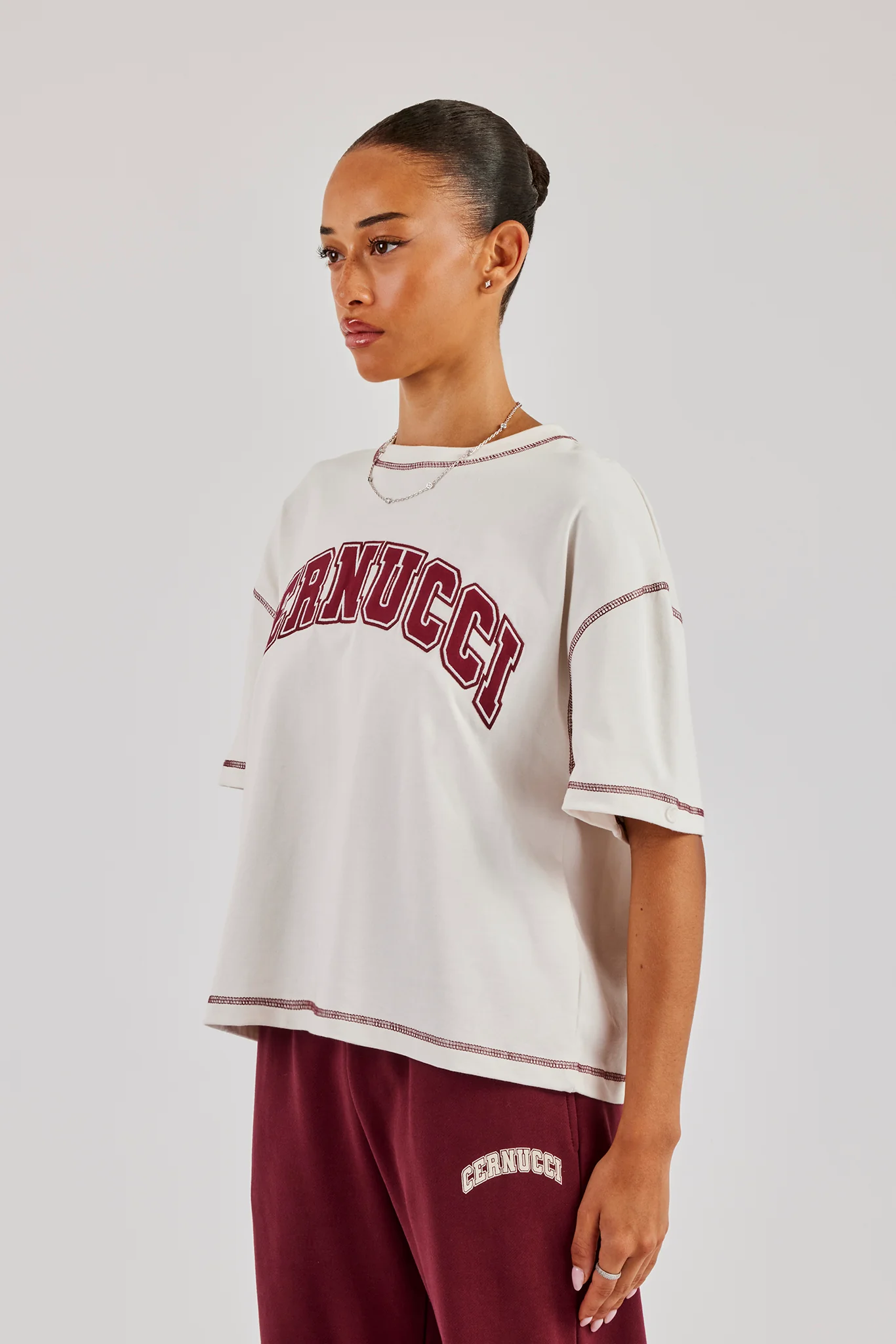Oversized Contrast Stitch T-Shirt - Off White - Image 2