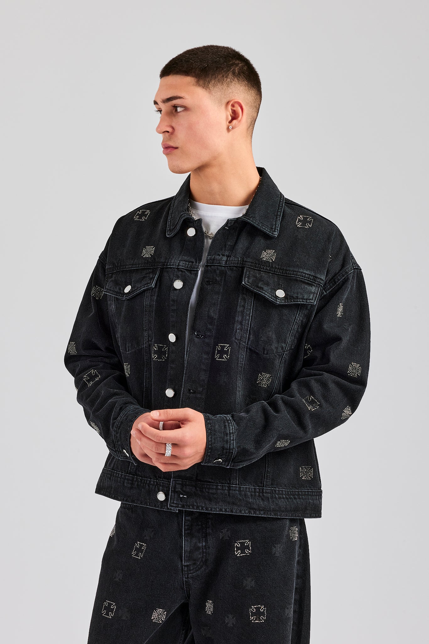 Oversized Embellished Denim Jacket - Washed Black - Image 4